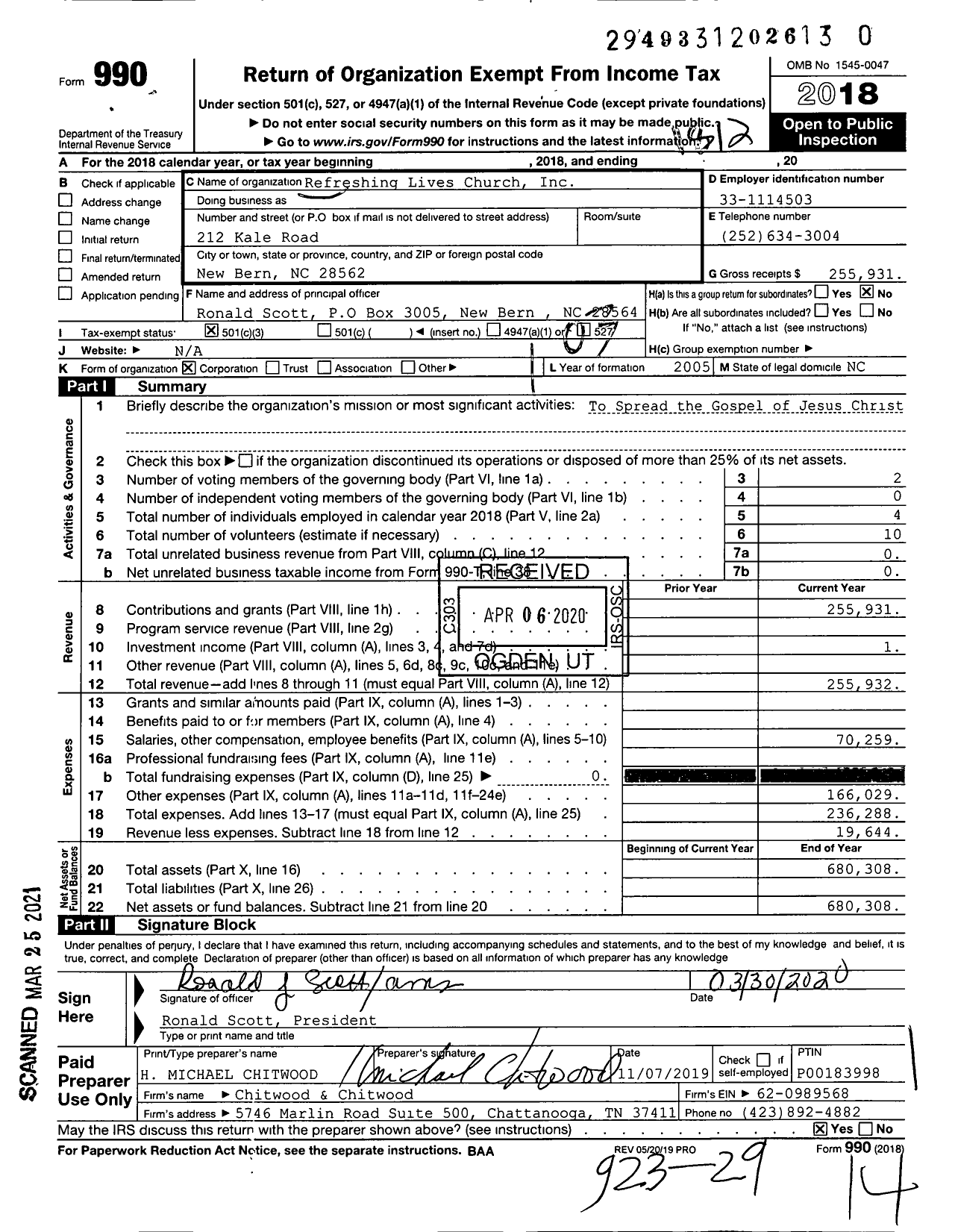 Image of first page of 2018 Form 990 for Refreshing Lives Church