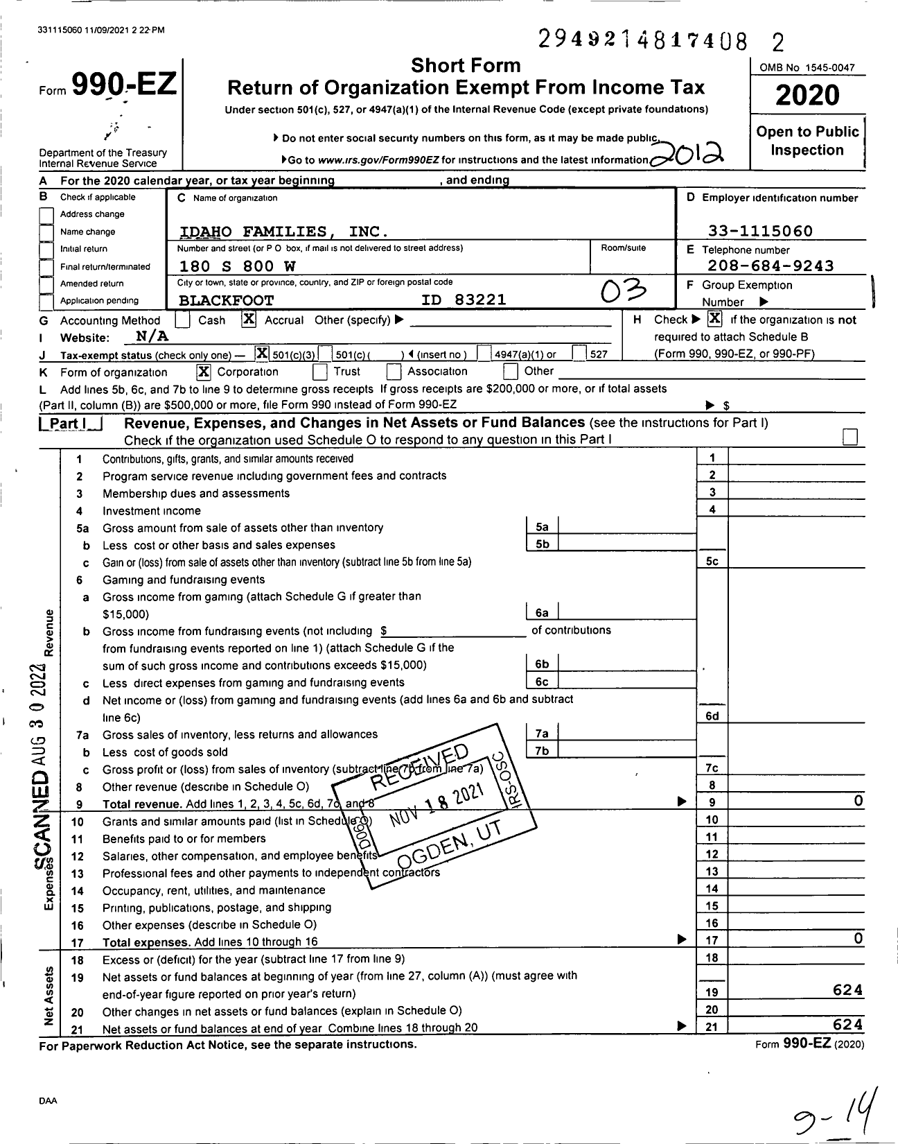 Image of first page of 2020 Form 990EZ for Idaho Families