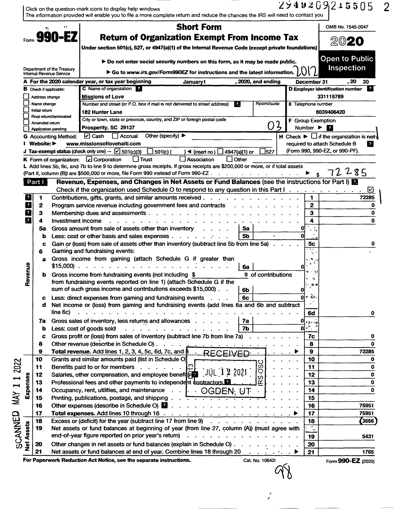 Image of first page of 2020 Form 990EZ for Missions of Love