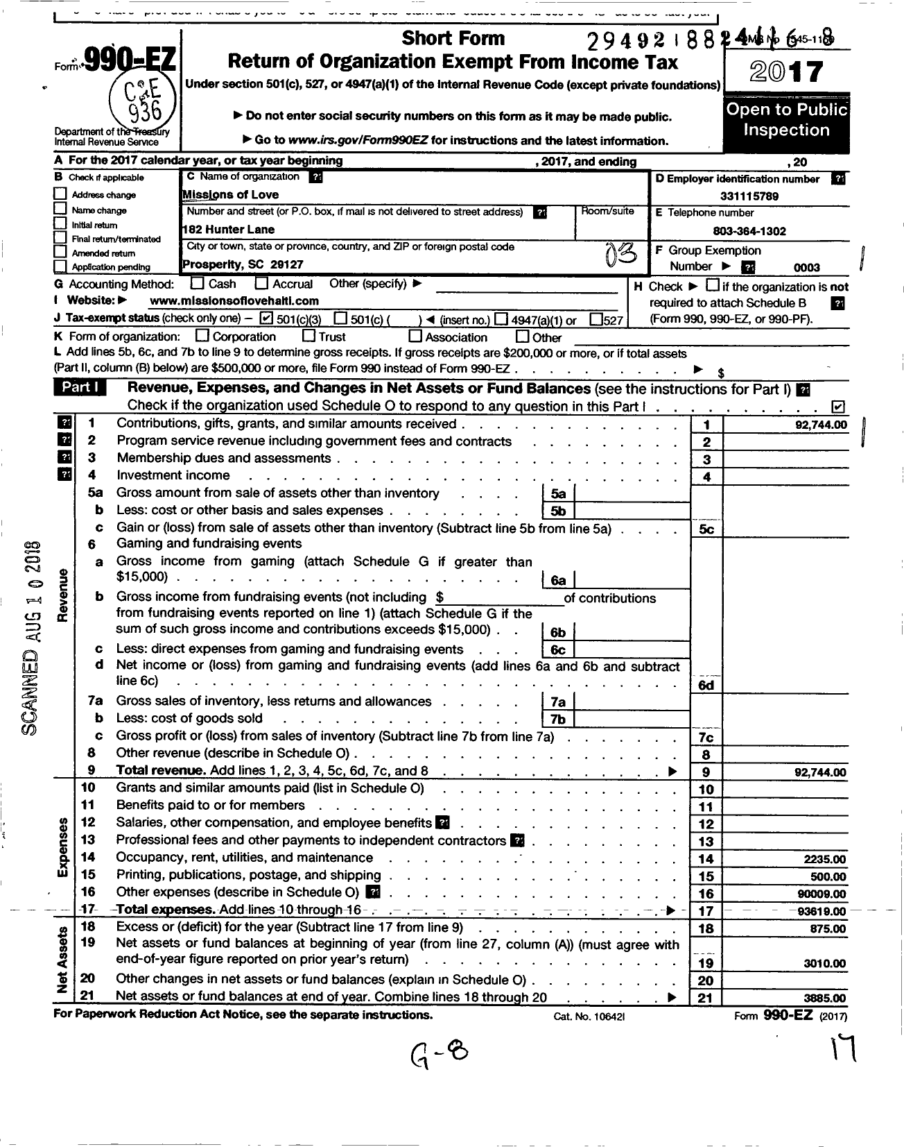 Image of first page of 2017 Form 990EZ for Missions of Love