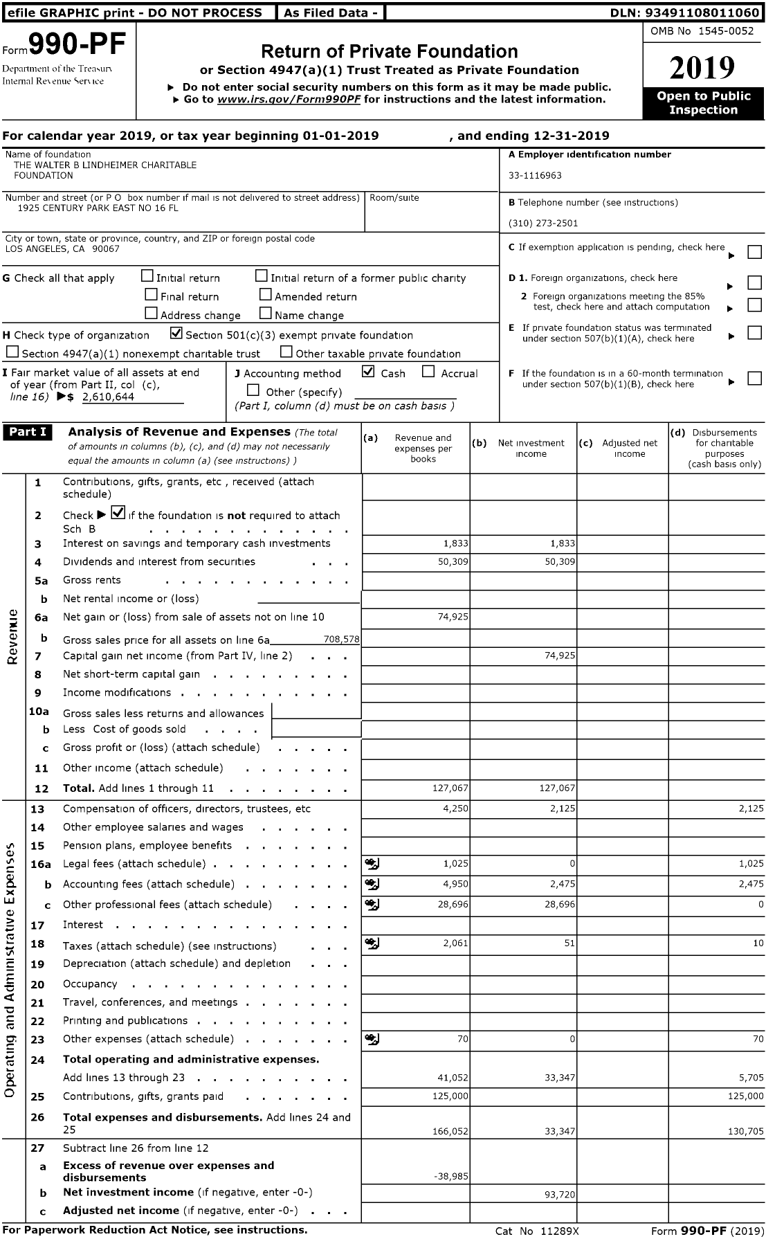Image of first page of 2019 Form 990PR for The Walter B Lindheimer Charitable FOUNDATION
