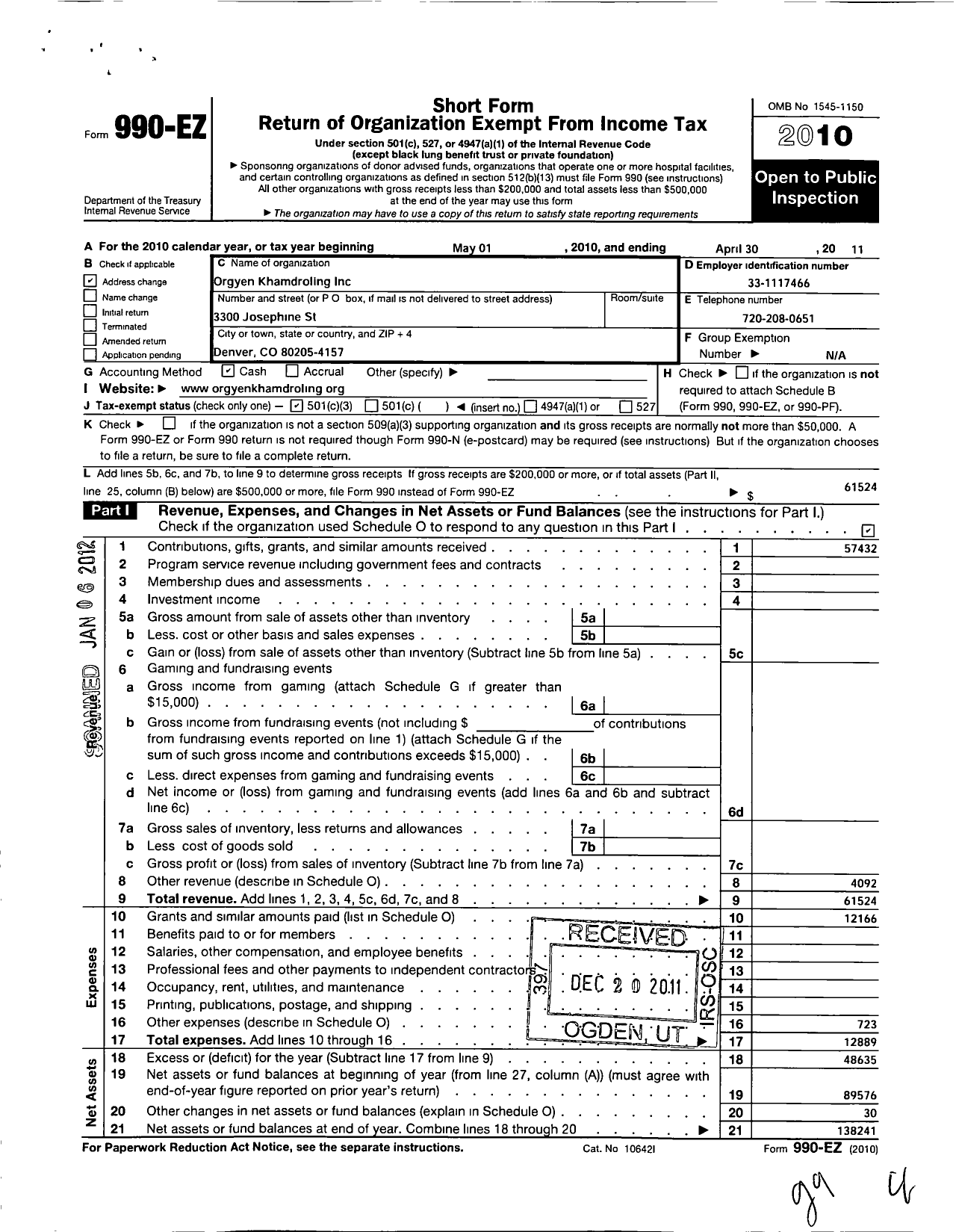 Image of first page of 2010 Form 990EZ for Orgyen Khamdroling