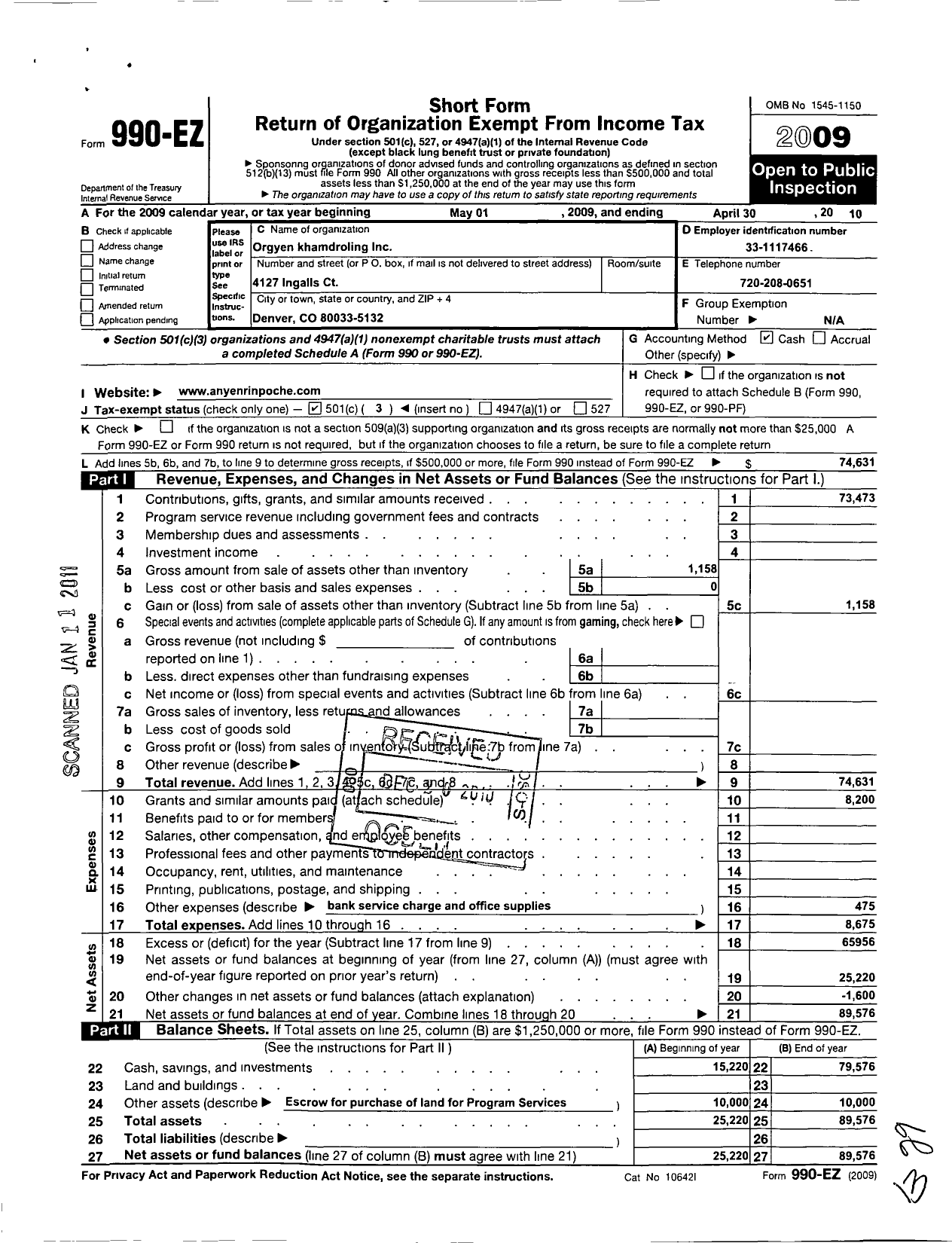 Image of first page of 2009 Form 990EZ for Orgyen Khamdroling