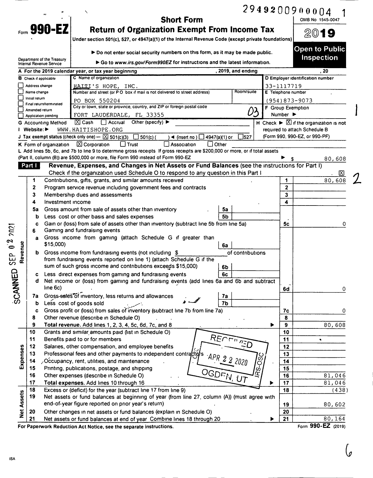 Image of first page of 2019 Form 990EZ for Haitis Hope