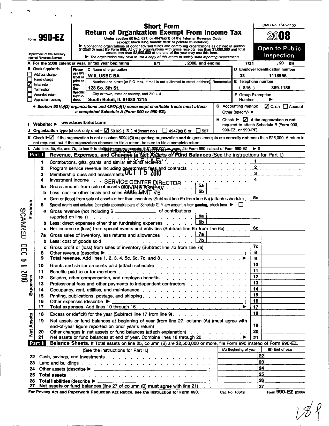 Image of first page of 2008 Form 990EZ for United States Bowling Congress - 86821 GR Beloit Usbc