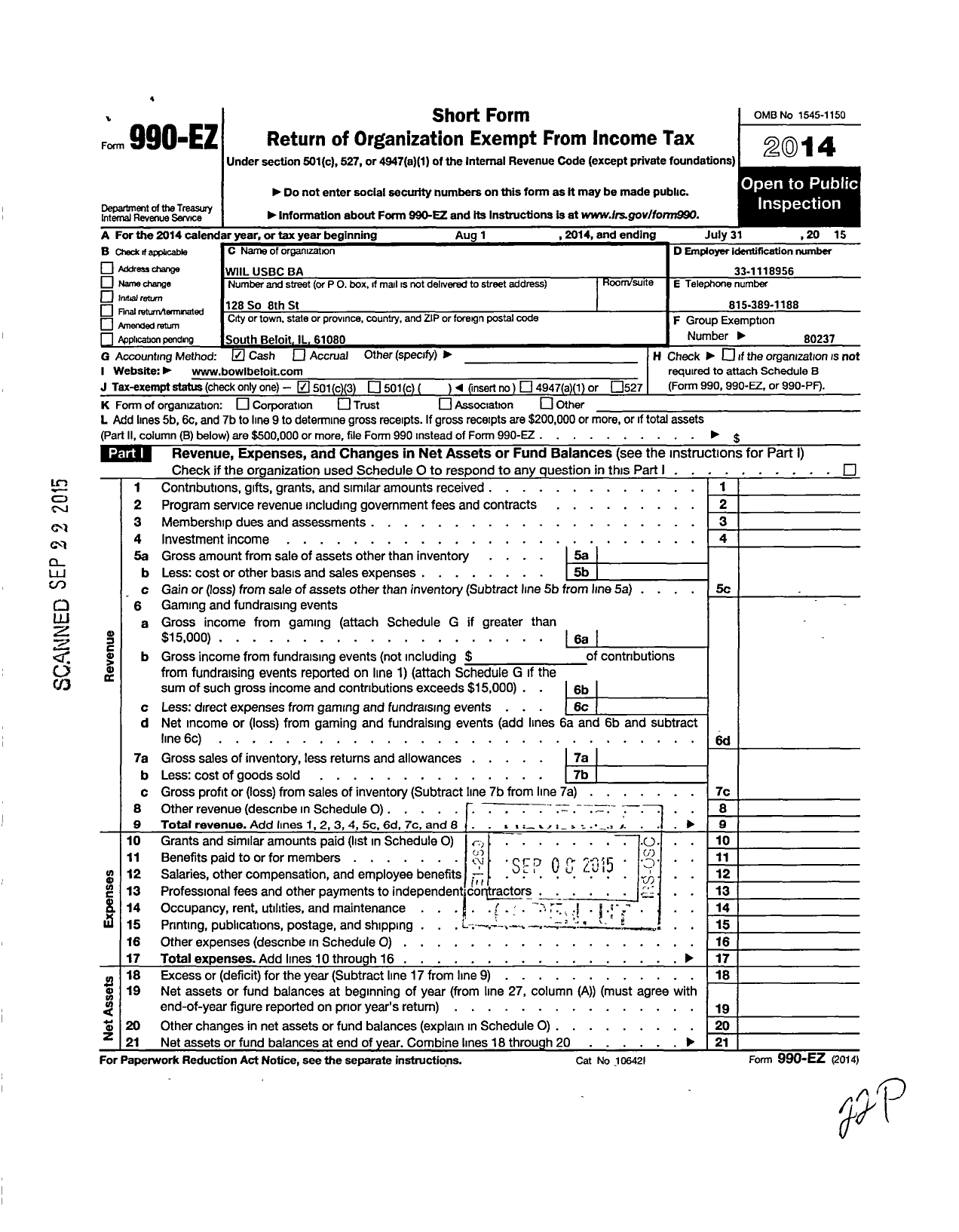 Image of first page of 2014 Form 990EZ for United States Bowling Congress - 86821 GR Beloit Usbc