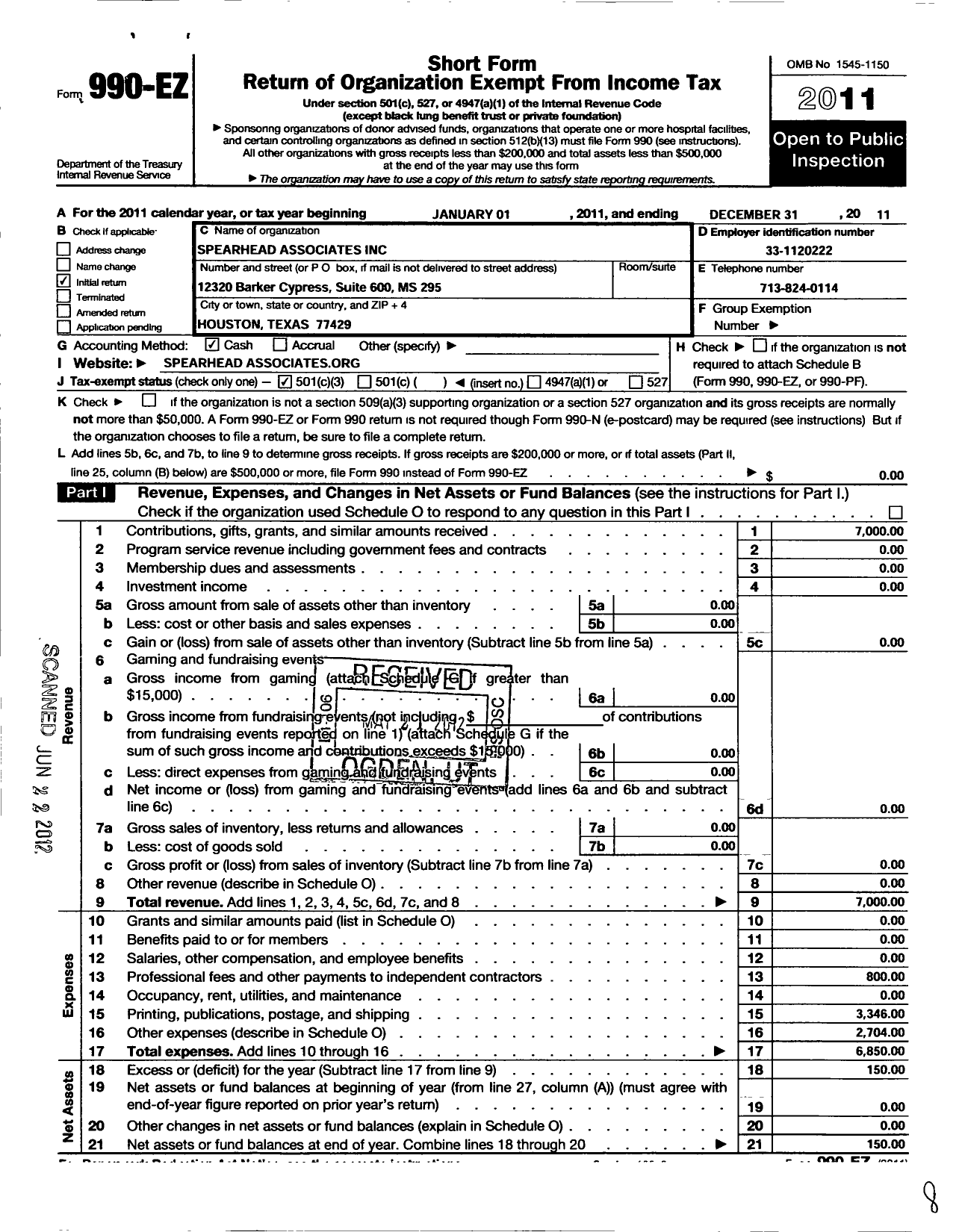 Image of first page of 2011 Form 990EZ for Spearhead Associates