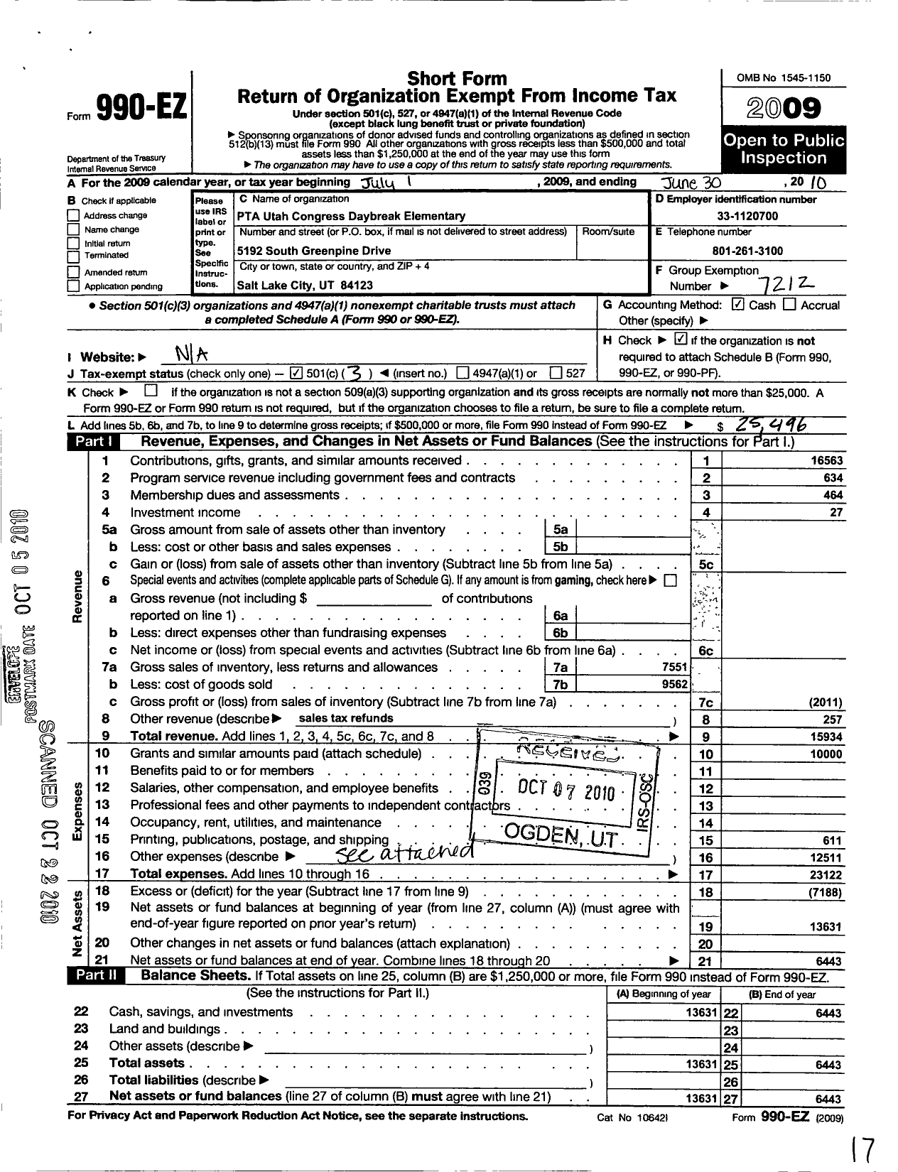 Image of first page of 2009 Form 990EZ for PTA Utah Congress / Daybreak Elementary PTA