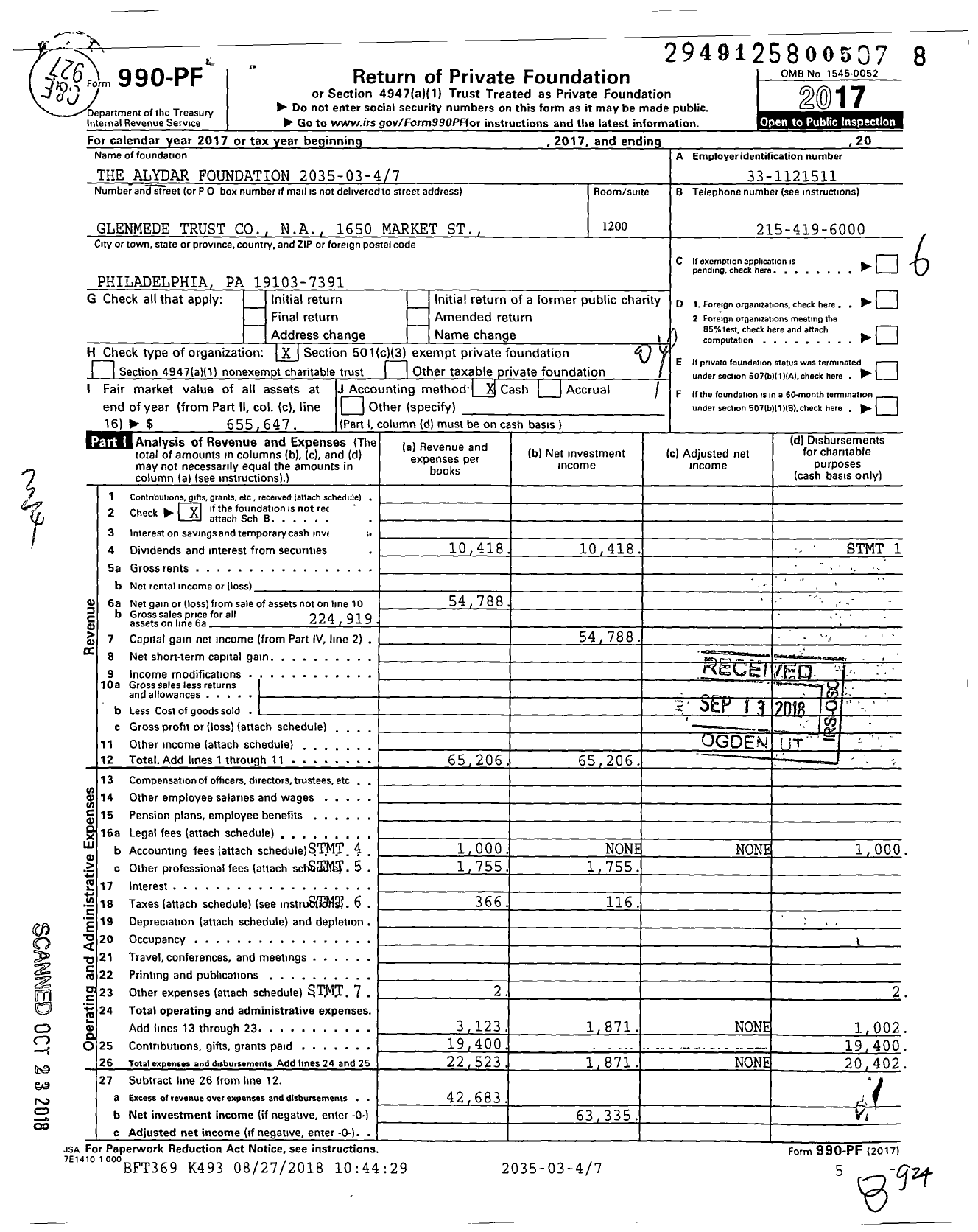 Image of first page of 2017 Form 990PF for Alydar Foundation