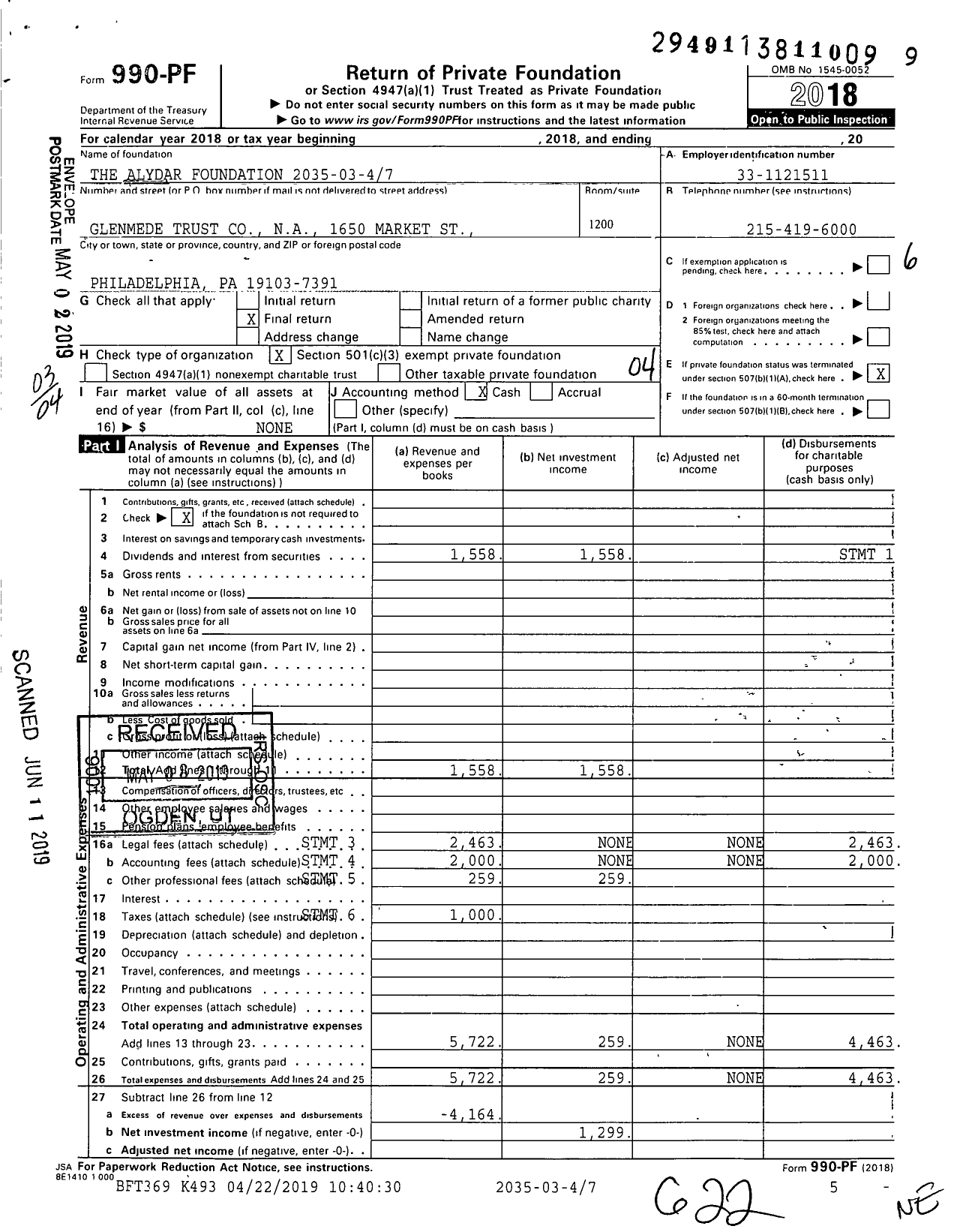 Image of first page of 2018 Form 990PF for Alydar Foundation