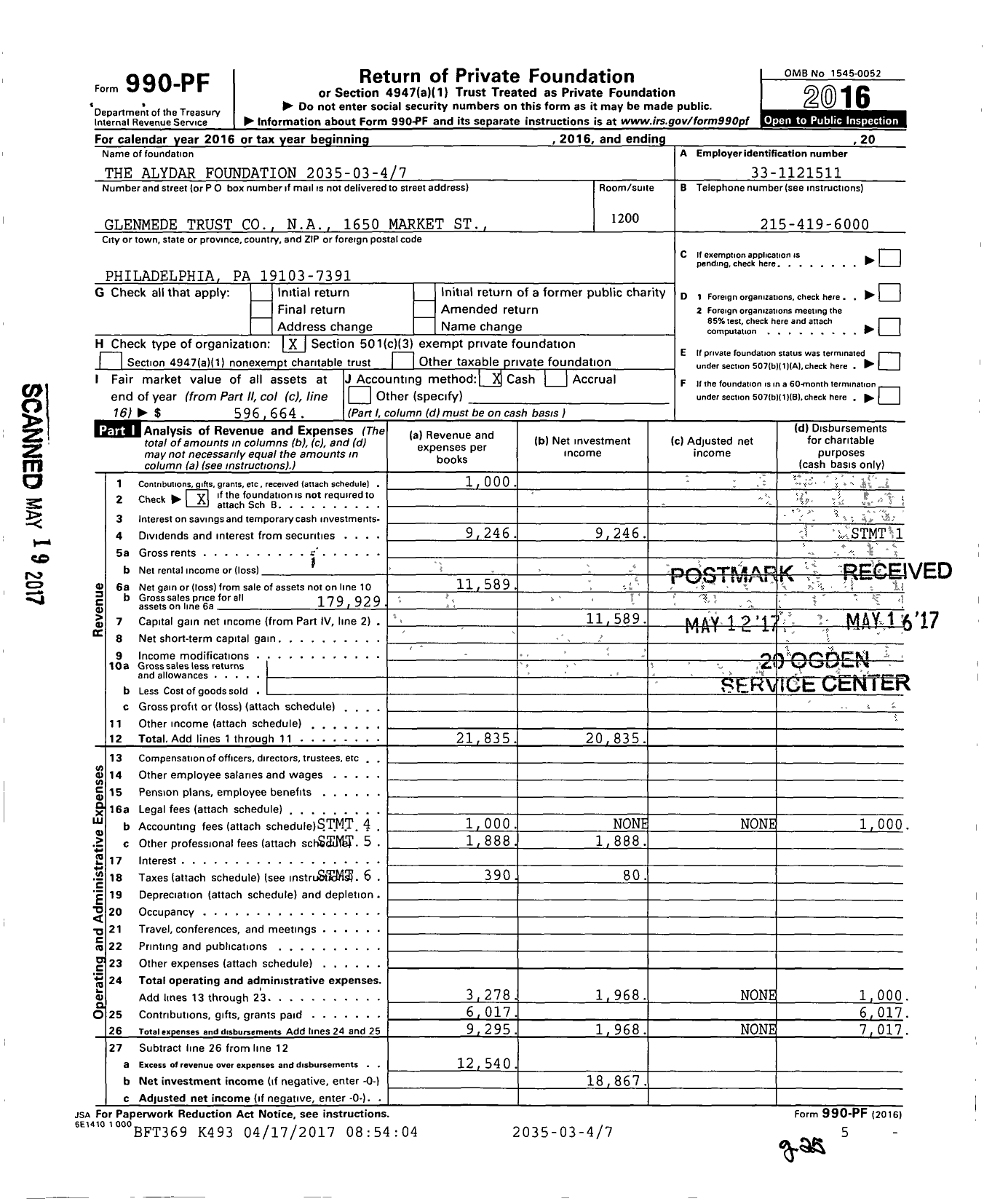 Image of first page of 2016 Form 990PF for Alydar Foundation