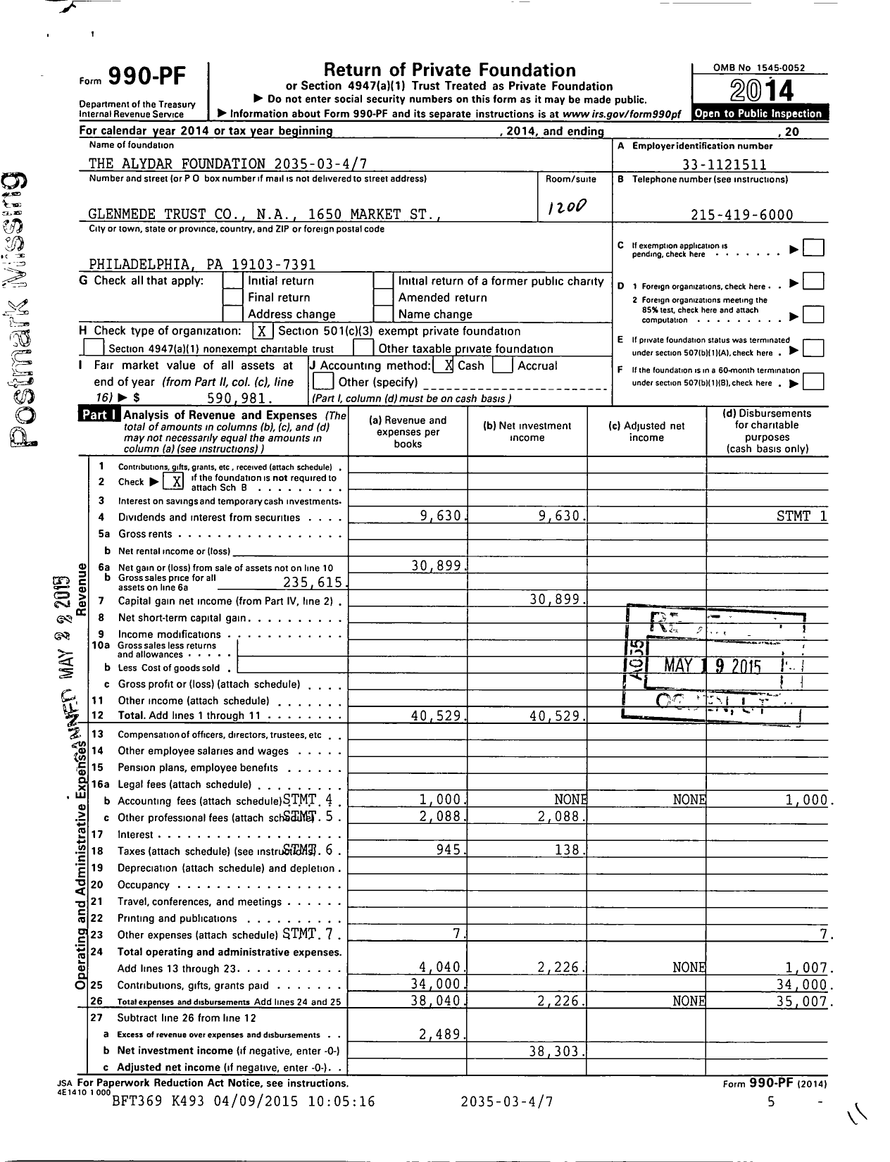 Image of first page of 2014 Form 990PF for Alydar Foundation