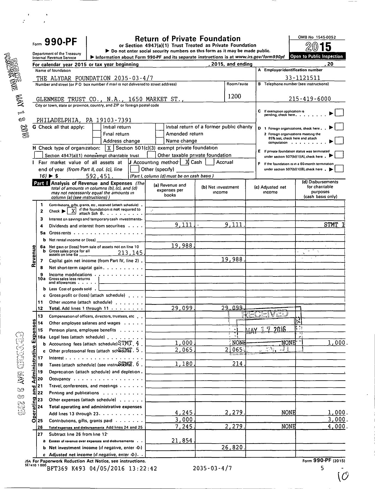 Image of first page of 2015 Form 990PF for Alydar Foundation