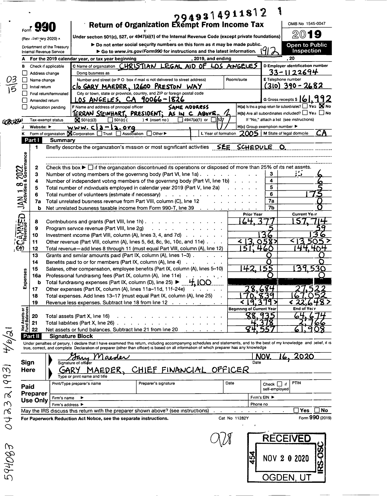 Image of first page of 2019 Form 990 for Christian Legal Aid of Los Angeles