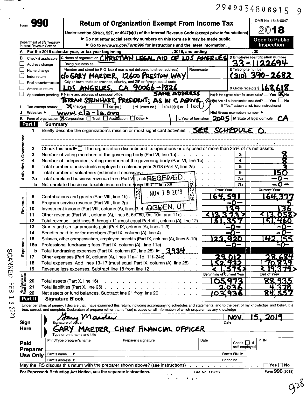 Image of first page of 2018 Form 990 for Christian Legal Aid of Los Angeles