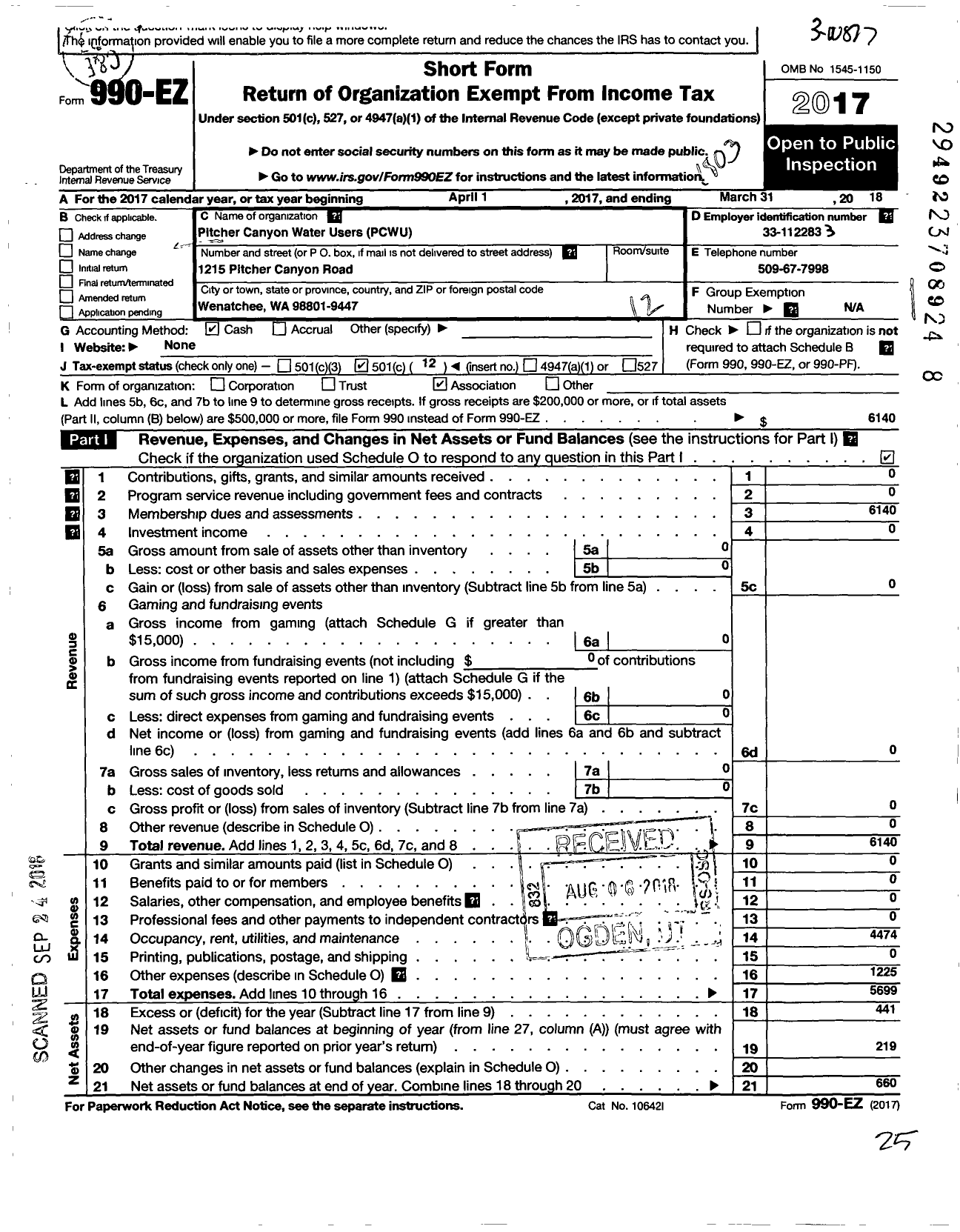 Image of first page of 2017 Form 990EO for Pitcher Canyon Water Users Association