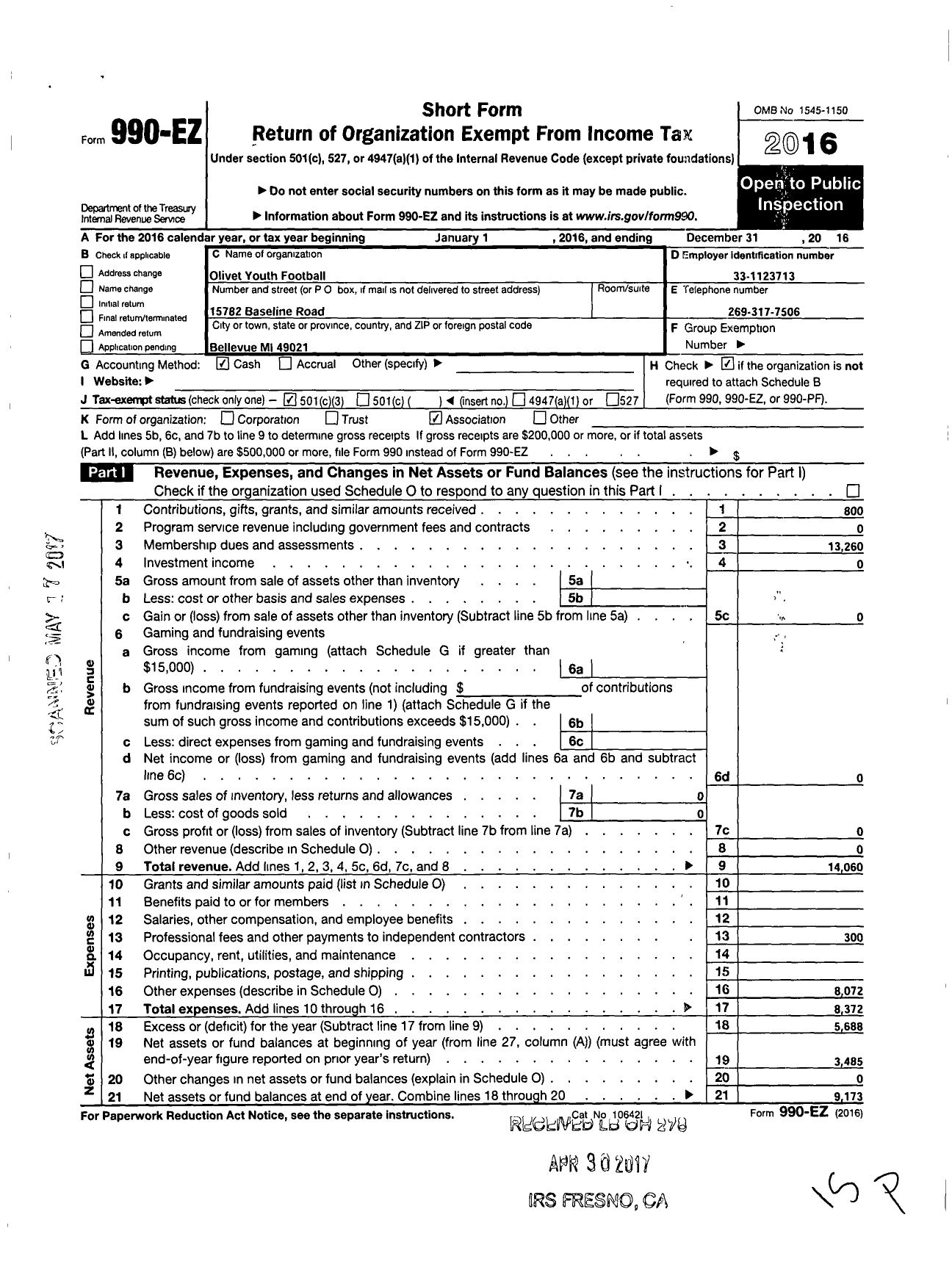 Image of first page of 2016 Form 990EZ for Olivet Youth Football