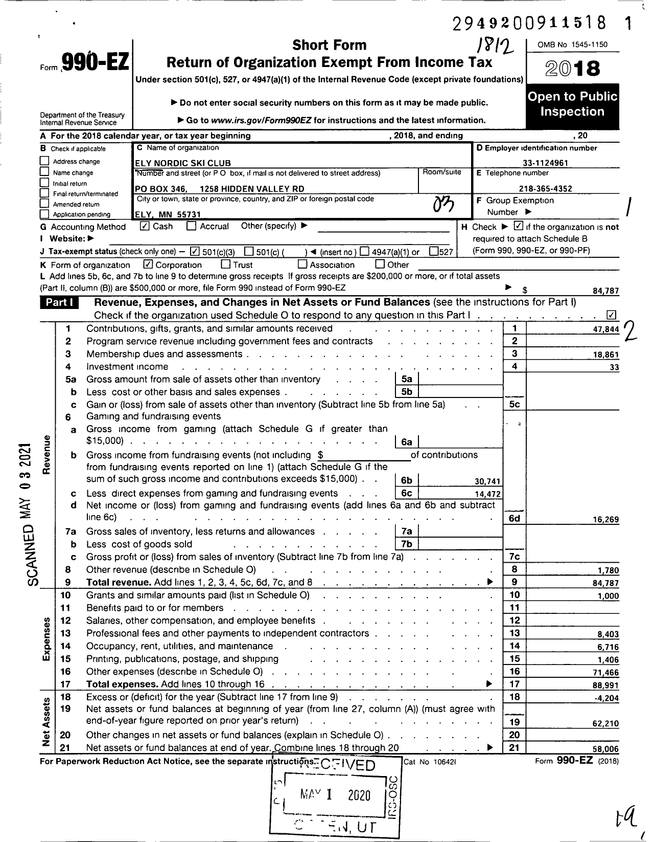 Image of first page of 2018 Form 990EZ for Ely Nordic Ski Club