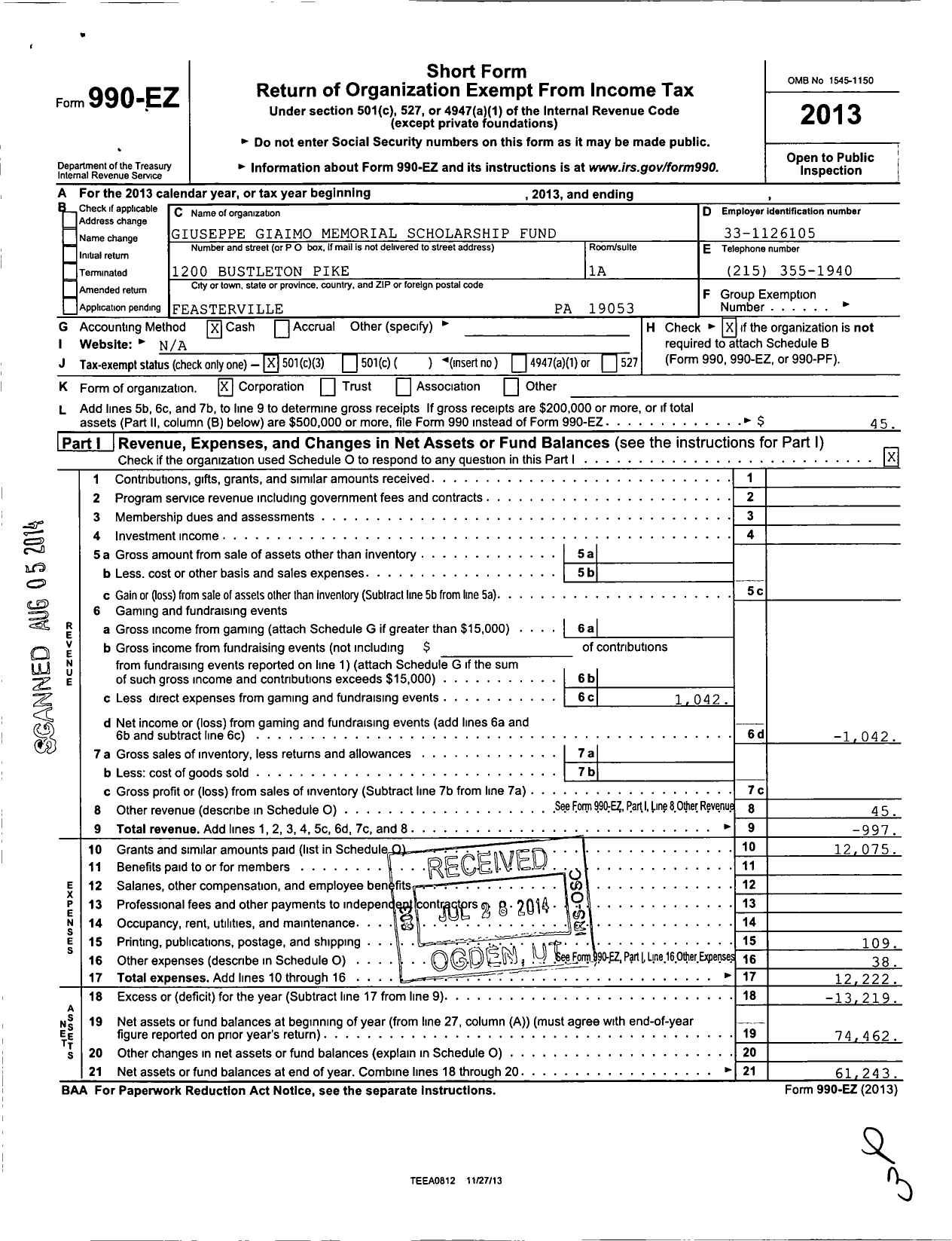 Image of first page of 2013 Form 990EZ for Giuseppe Giaimo Memorial Fund