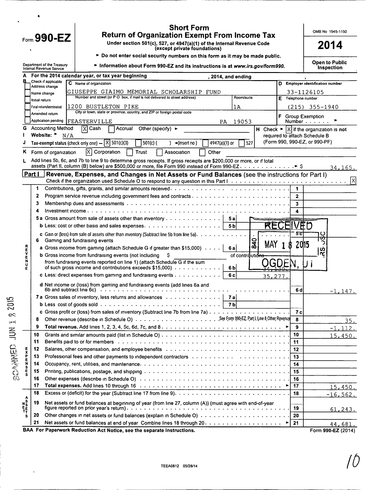 Image of first page of 2014 Form 990EZ for Giuseppe Giaimo Memorial Fund