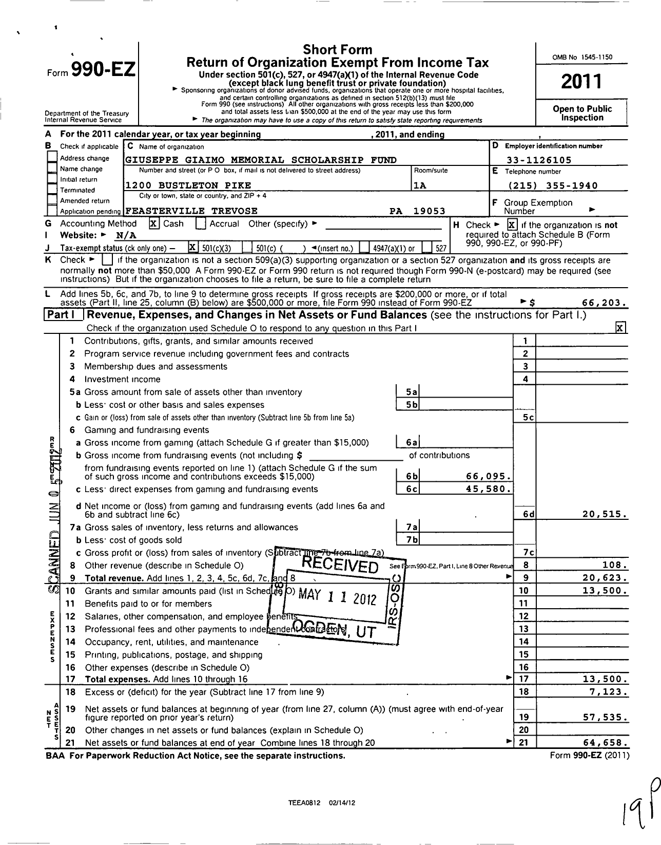 Image of first page of 2011 Form 990EZ for Giuseppe Giaimo Memorial Fund