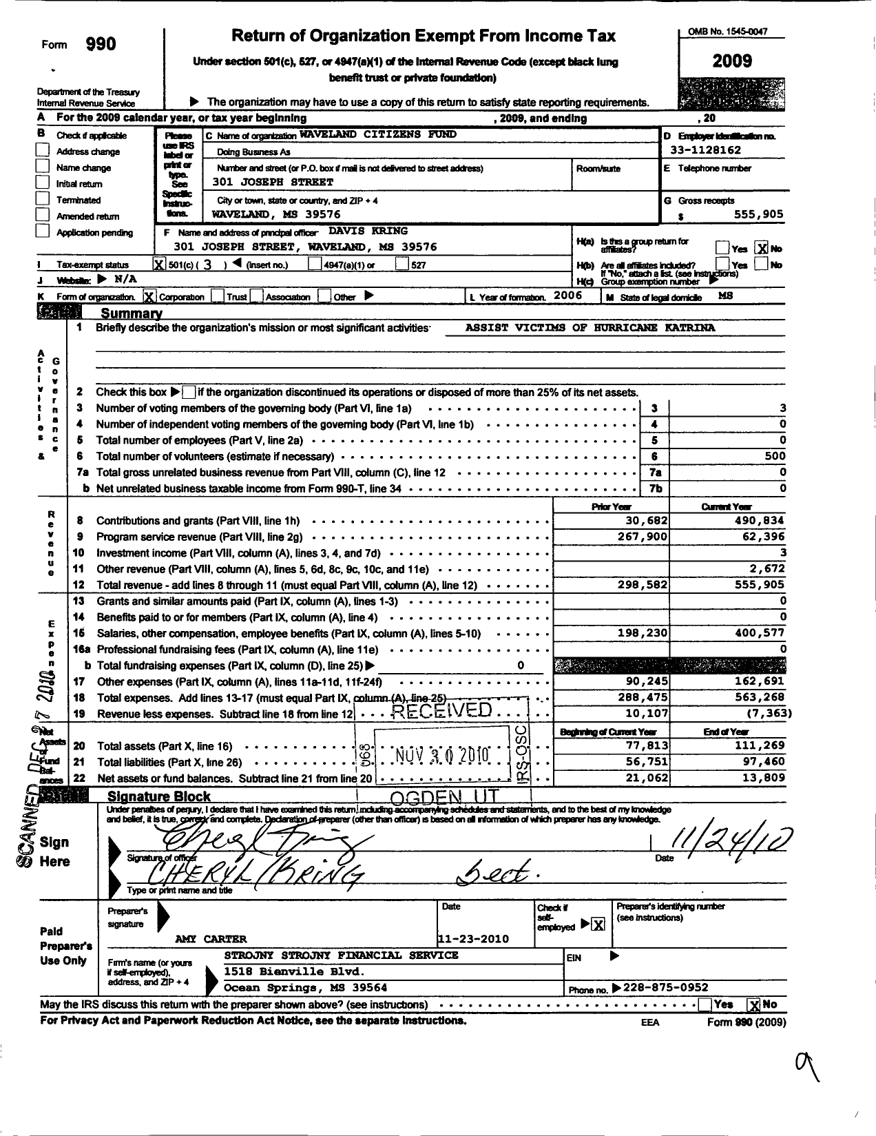 Image of first page of 2009 Form 990 for Waveland Citizens Fund