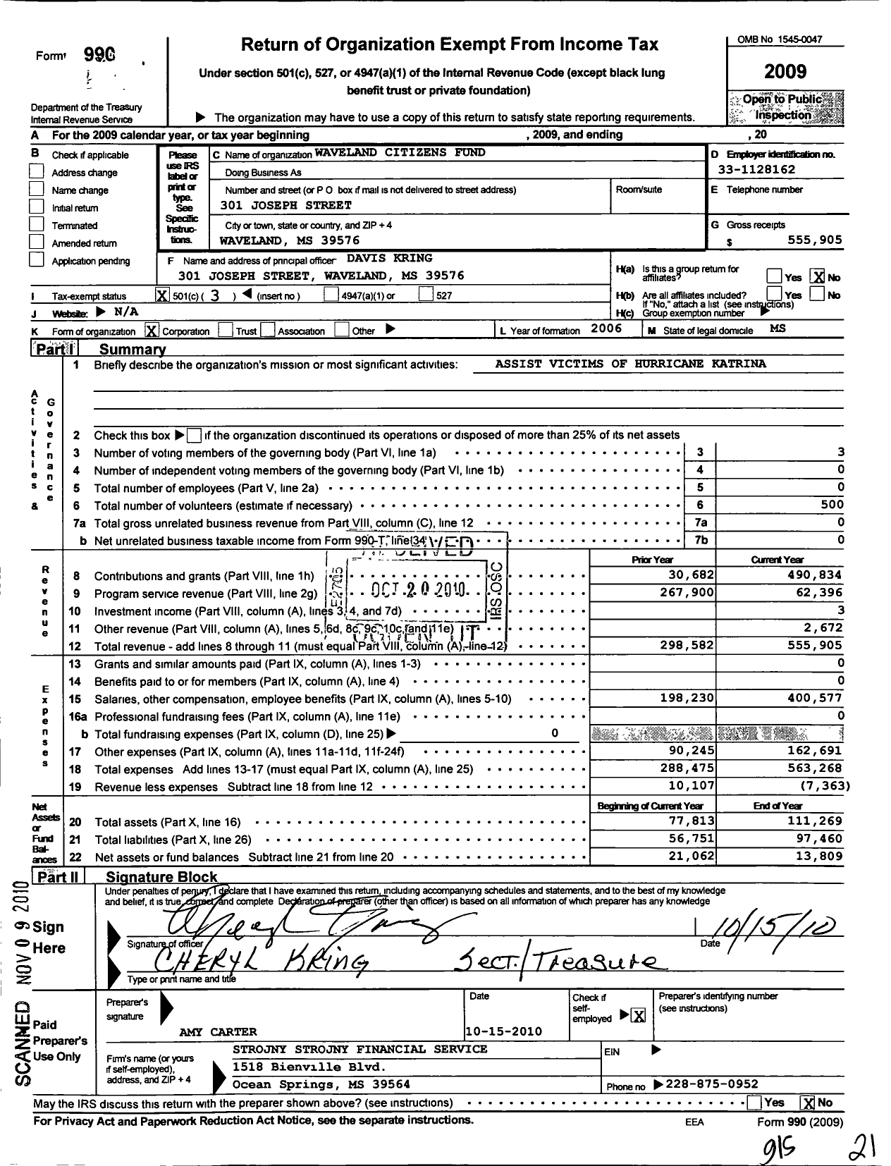 Image of first page of 2009 Form 990 for Waveland Citizens Fund