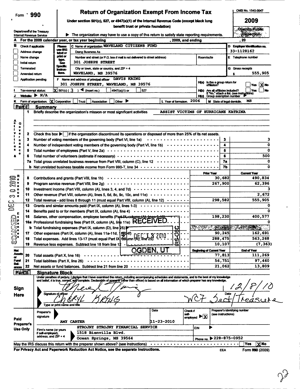 Image of first page of 2009 Form 990 for Waveland Citizens Fund