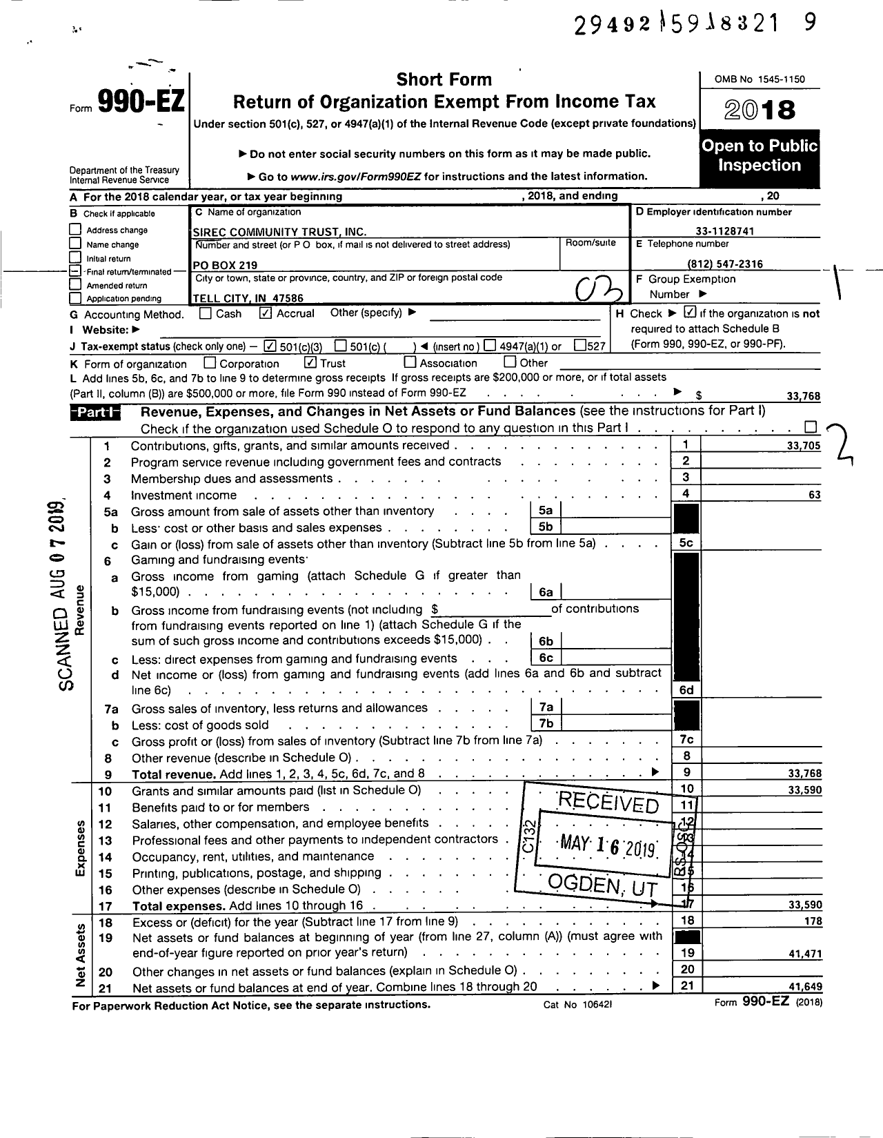 Image of first page of 2018 Form 990EZ for Sirec Community Trust