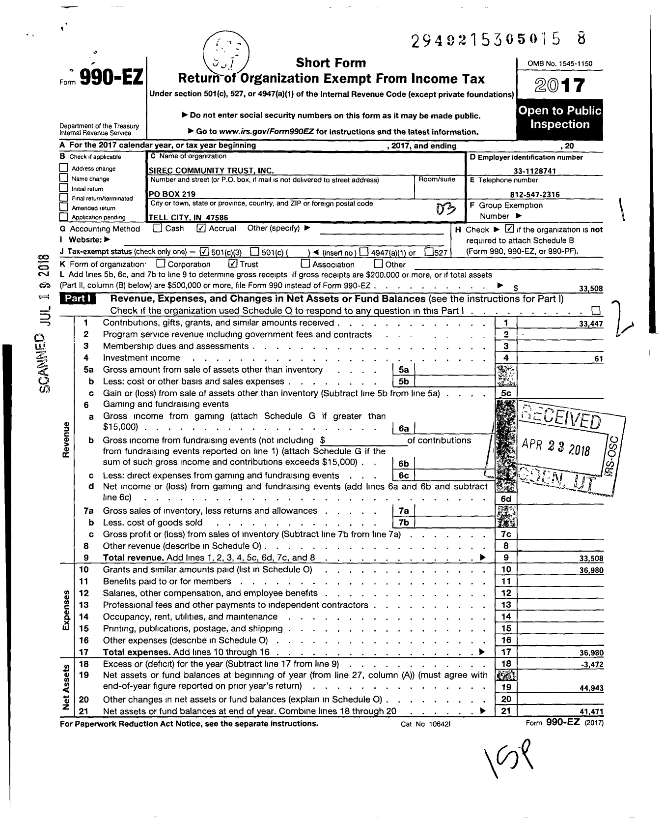 Image of first page of 2017 Form 990EZ for Sirec Community Trust