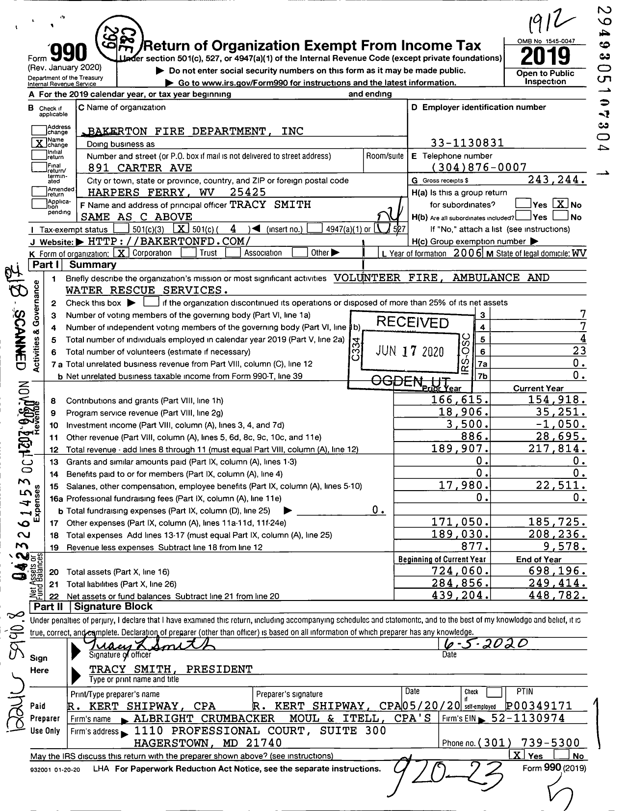 Image of first page of 2019 Form 990O for Bakerton Fire Department