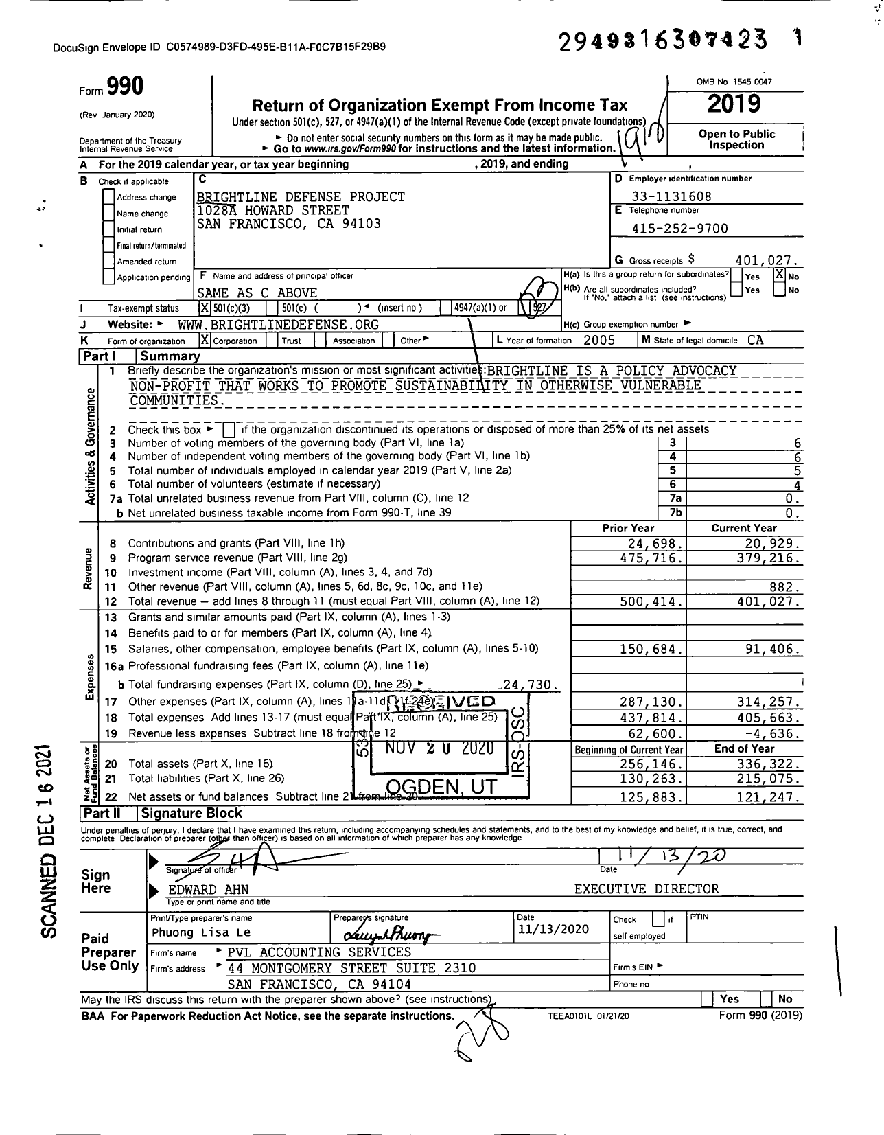 Image of first page of 2019 Form 990 for Brightline Defense Project