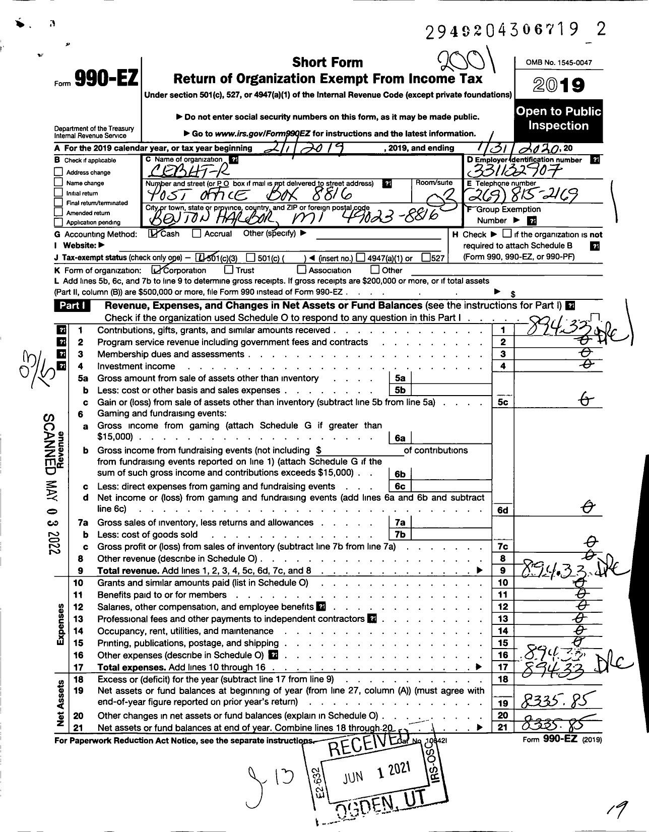 Image of first page of 2019 Form 990EZ for Center for Education in Black History Theatre and Research