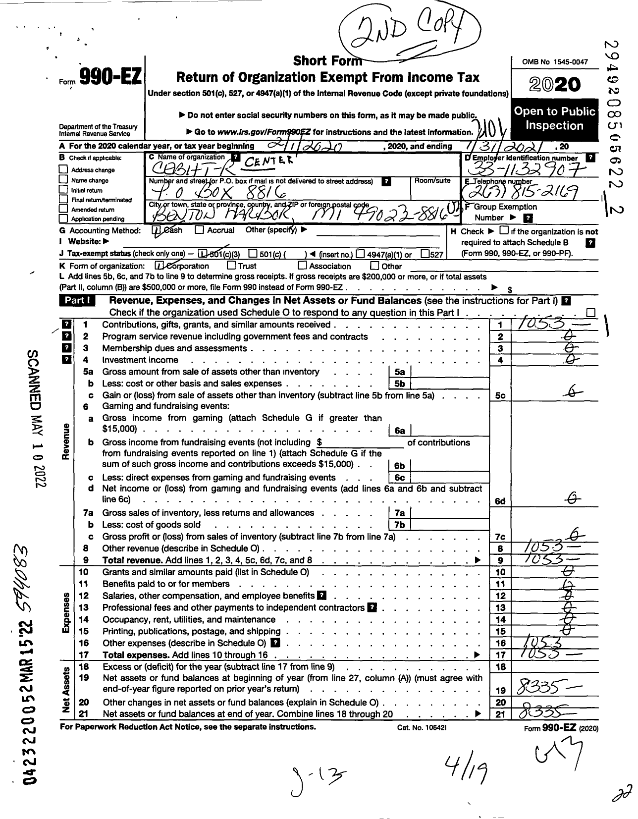 Image of first page of 2020 Form 990EZ for Center for Education in Black History Theatre and Research