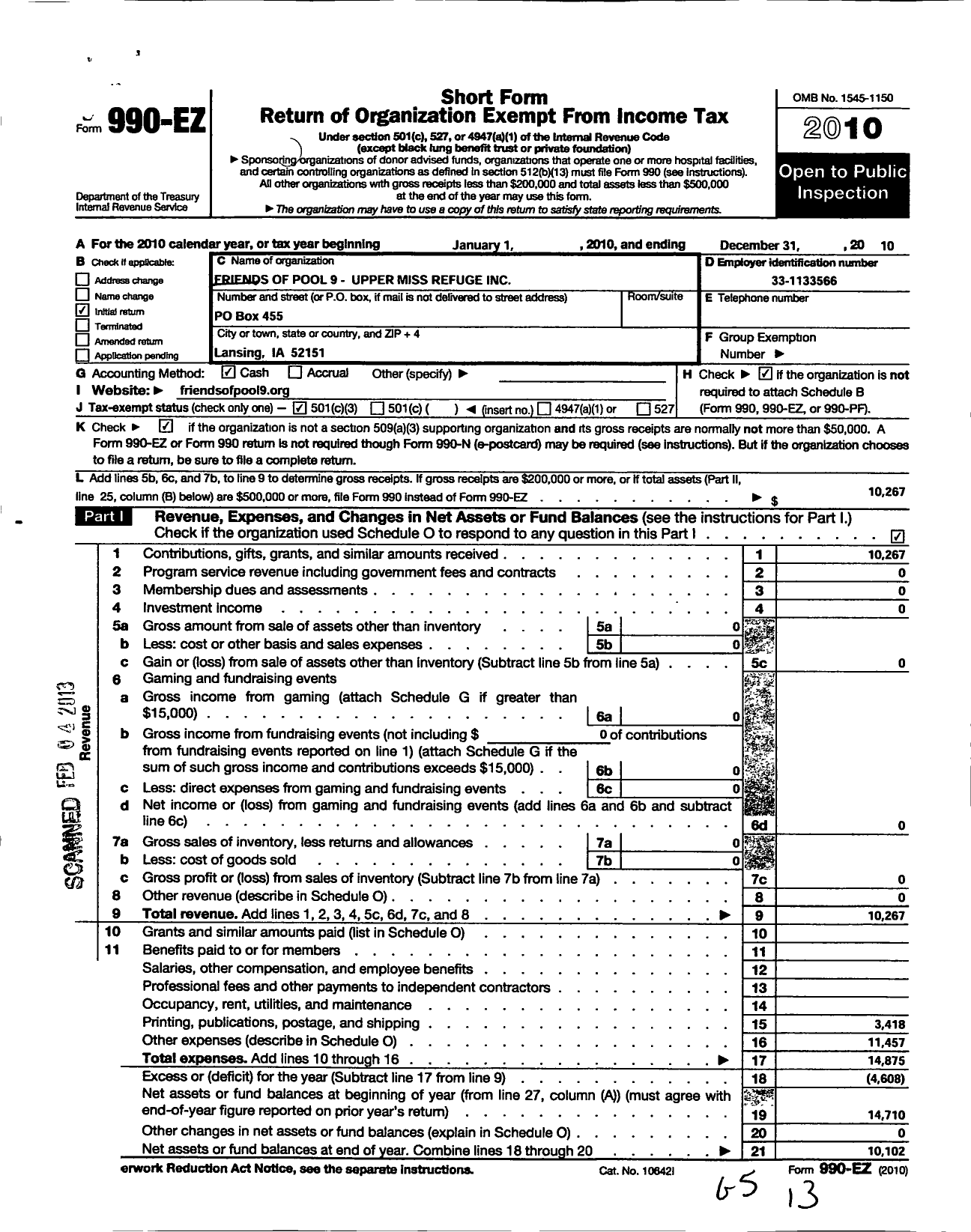 Image of first page of 2010 Form 990EZ for Friends of Pool 9-upper Miss Refuge