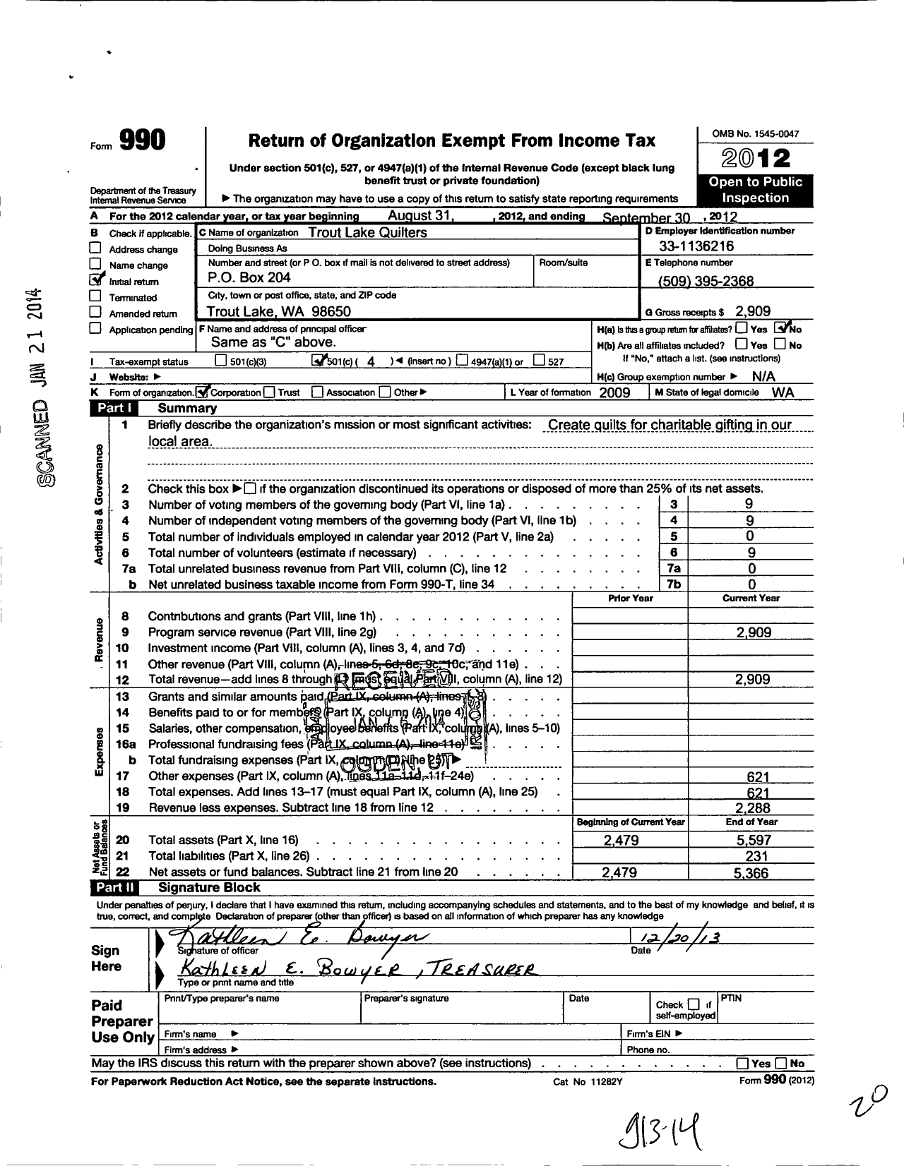 Image of first page of 2011 Form 990O for Trout Lake Quilters