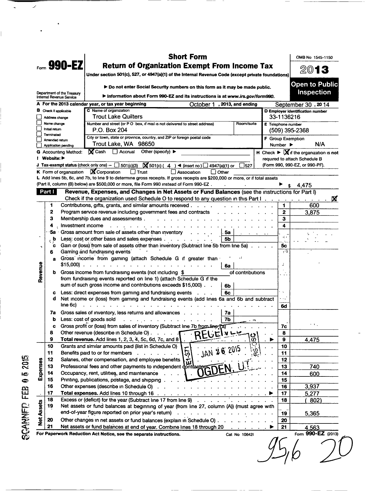 Image of first page of 2013 Form 990EO for Trout Lake Quilters