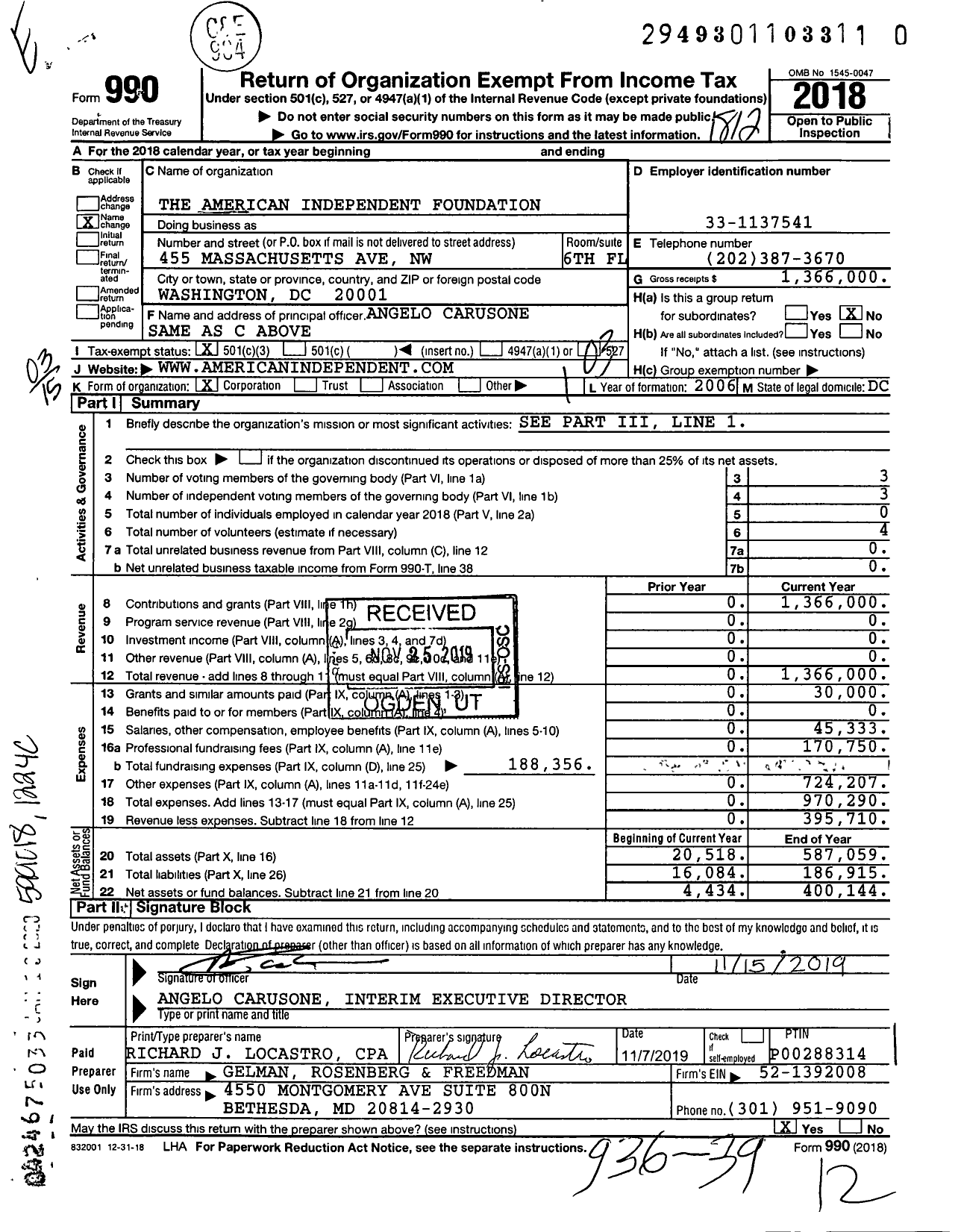 Image of first page of 2018 Form 990 for The American Independent Foundation