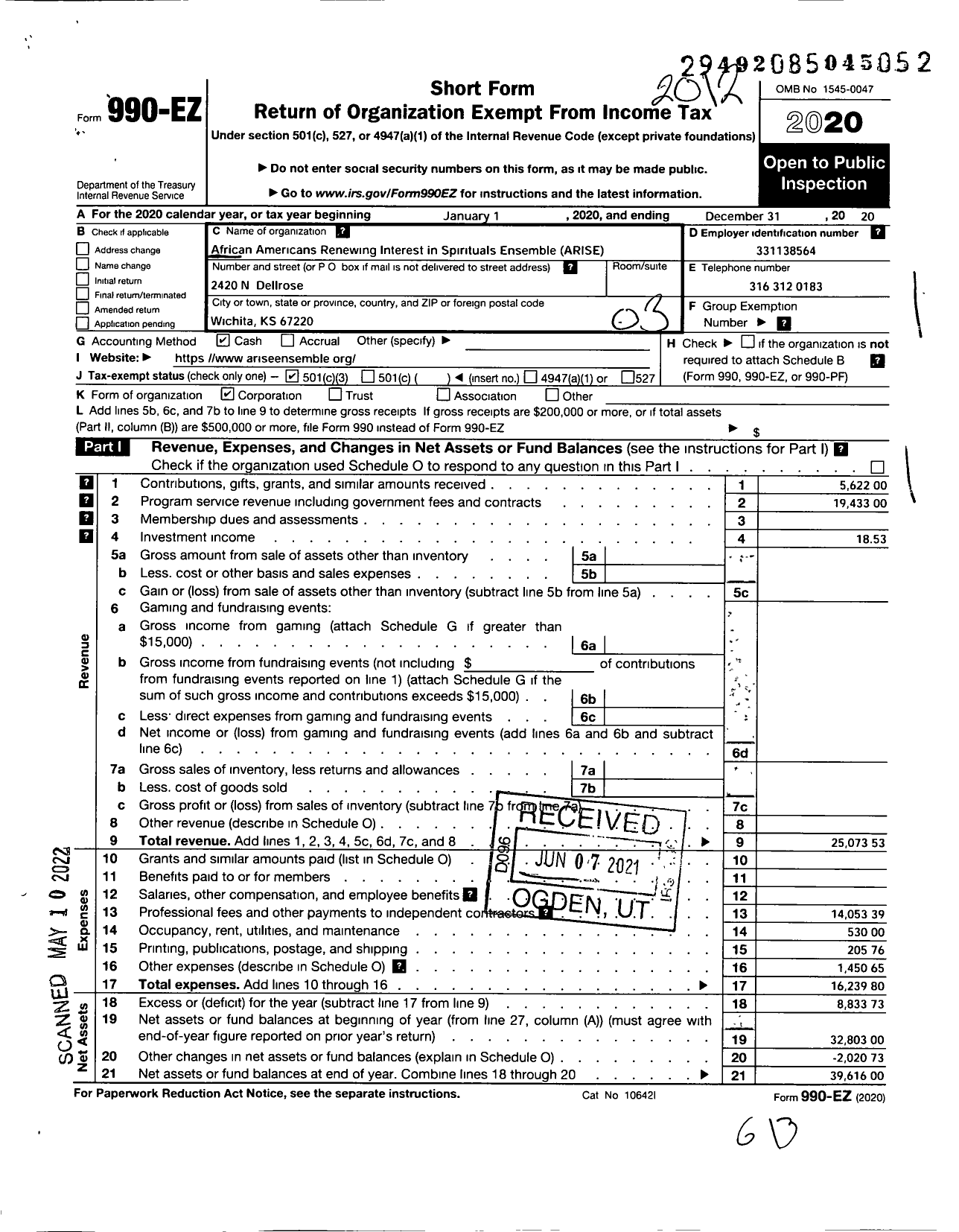 Image of first page of 2020 Form 990EZ for African Americans Renewing Interest in Spirituals Ensemble