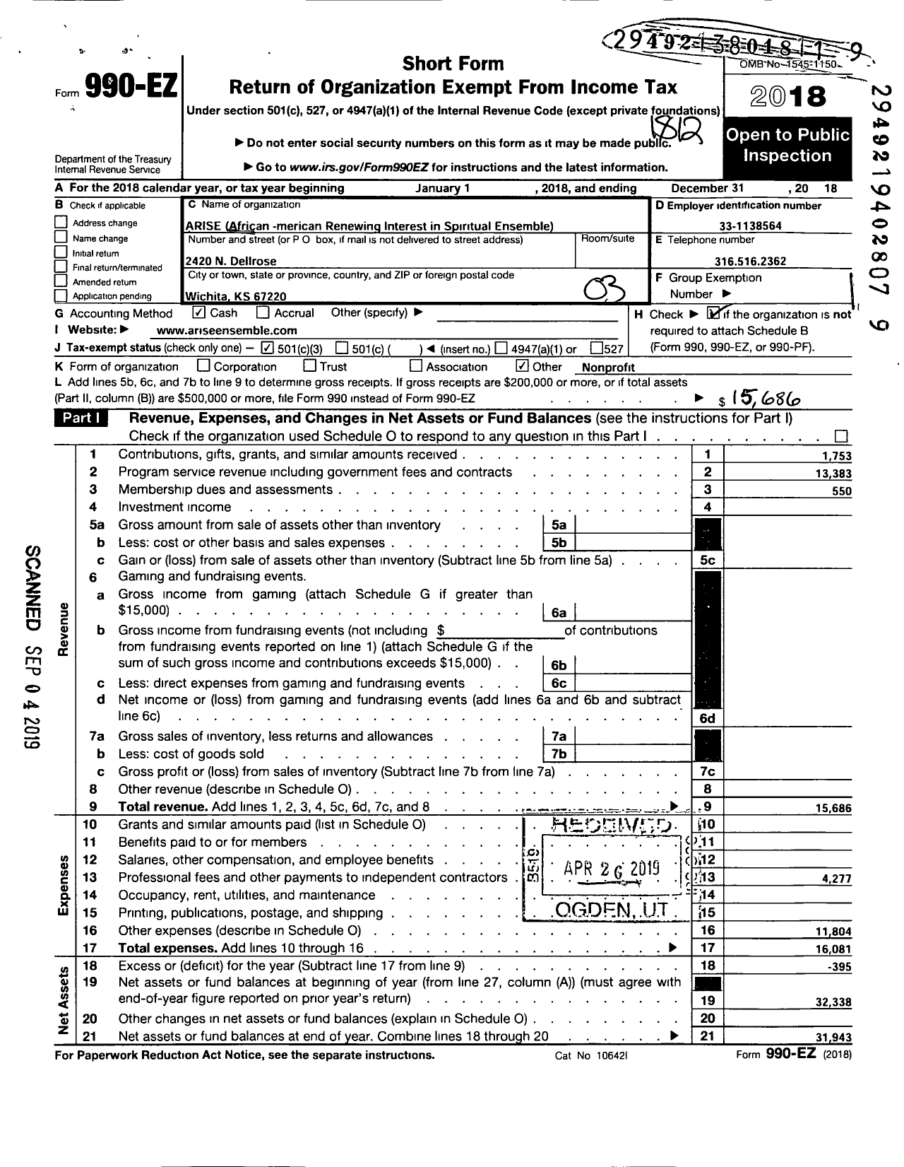 Image of first page of 2018 Form 990EZ for African Americans Renewing Interest in Spirituals Ensemble