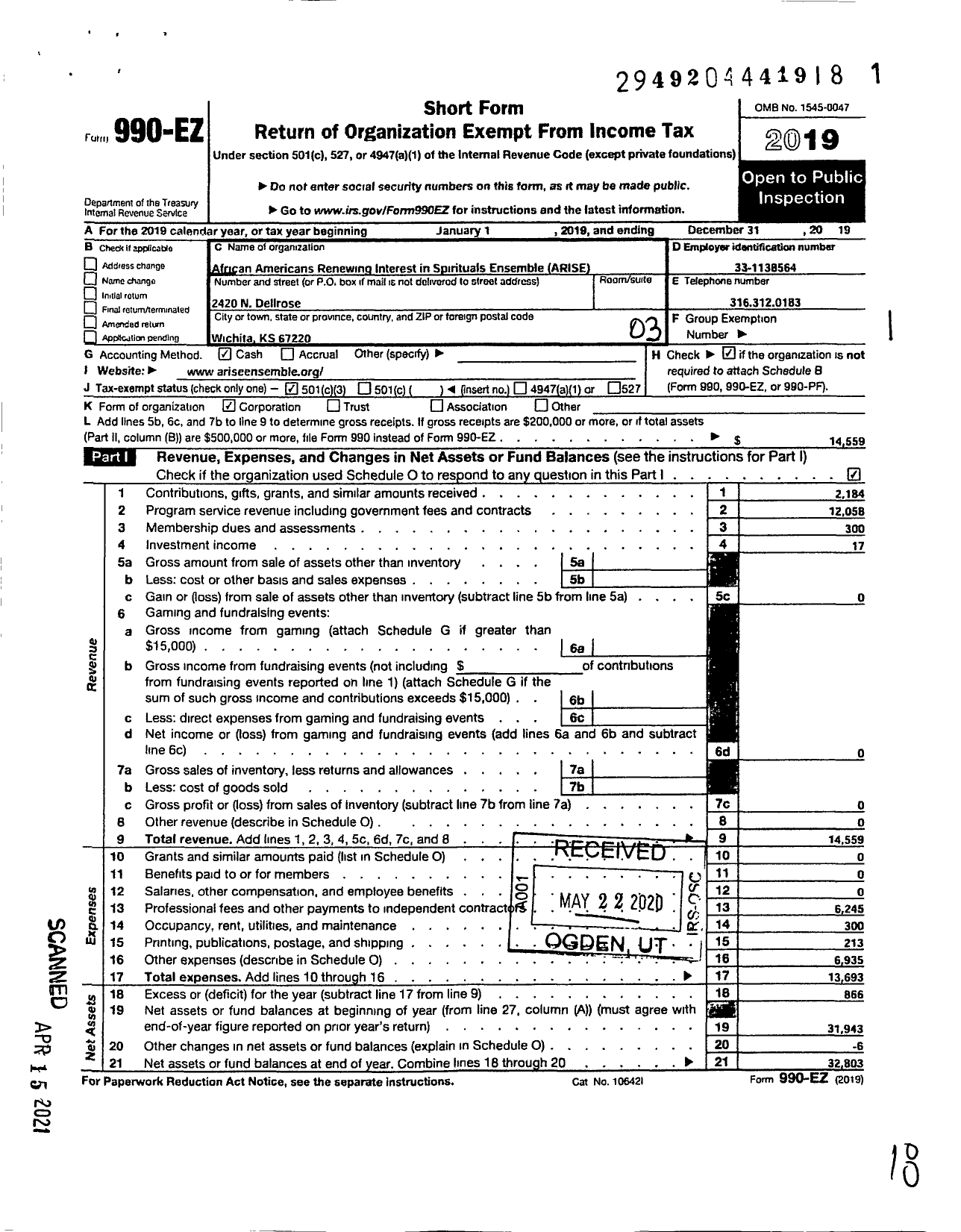 Image of first page of 2019 Form 990EZ for African Americans Renewing Interest in Spirituals Ensemble