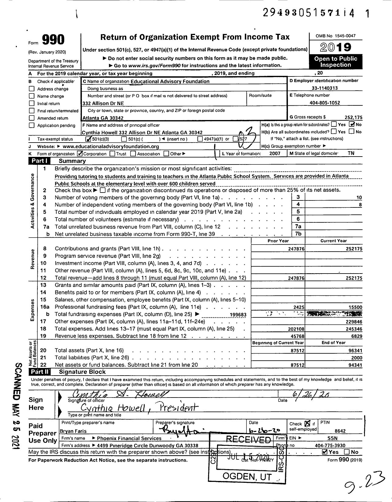 Image of first page of 2019 Form 990 for Educational Advisory Foundation