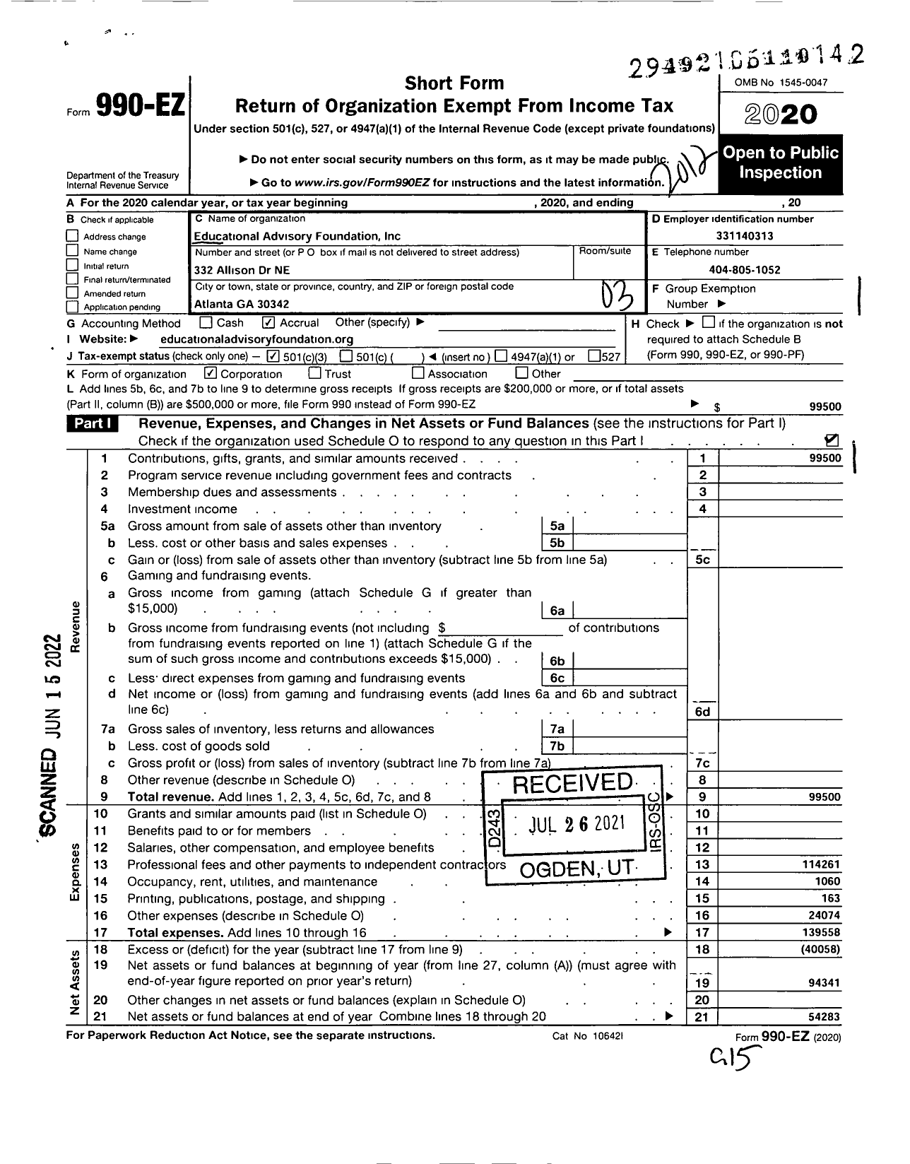 Image of first page of 2020 Form 990EZ for Educational Advisory Foundation