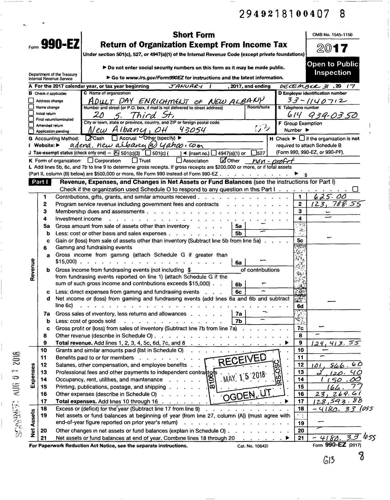 Image of first page of 2017 Form 990EZ for Adult Day Enrichment of New Albany