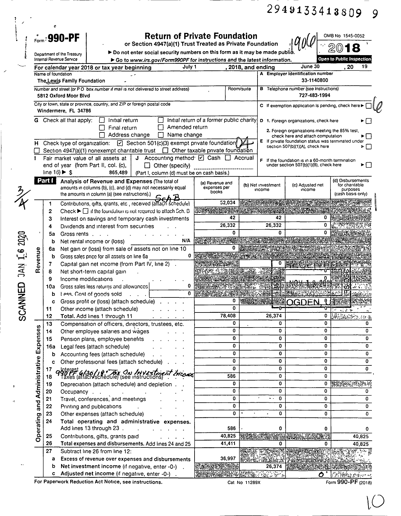 Image of first page of 2018 Form 990PF for Lewis Family Foundation