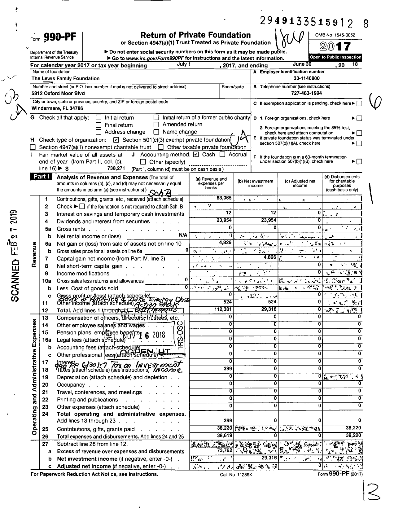 Image of first page of 2017 Form 990PF for Lewis Family Foundation