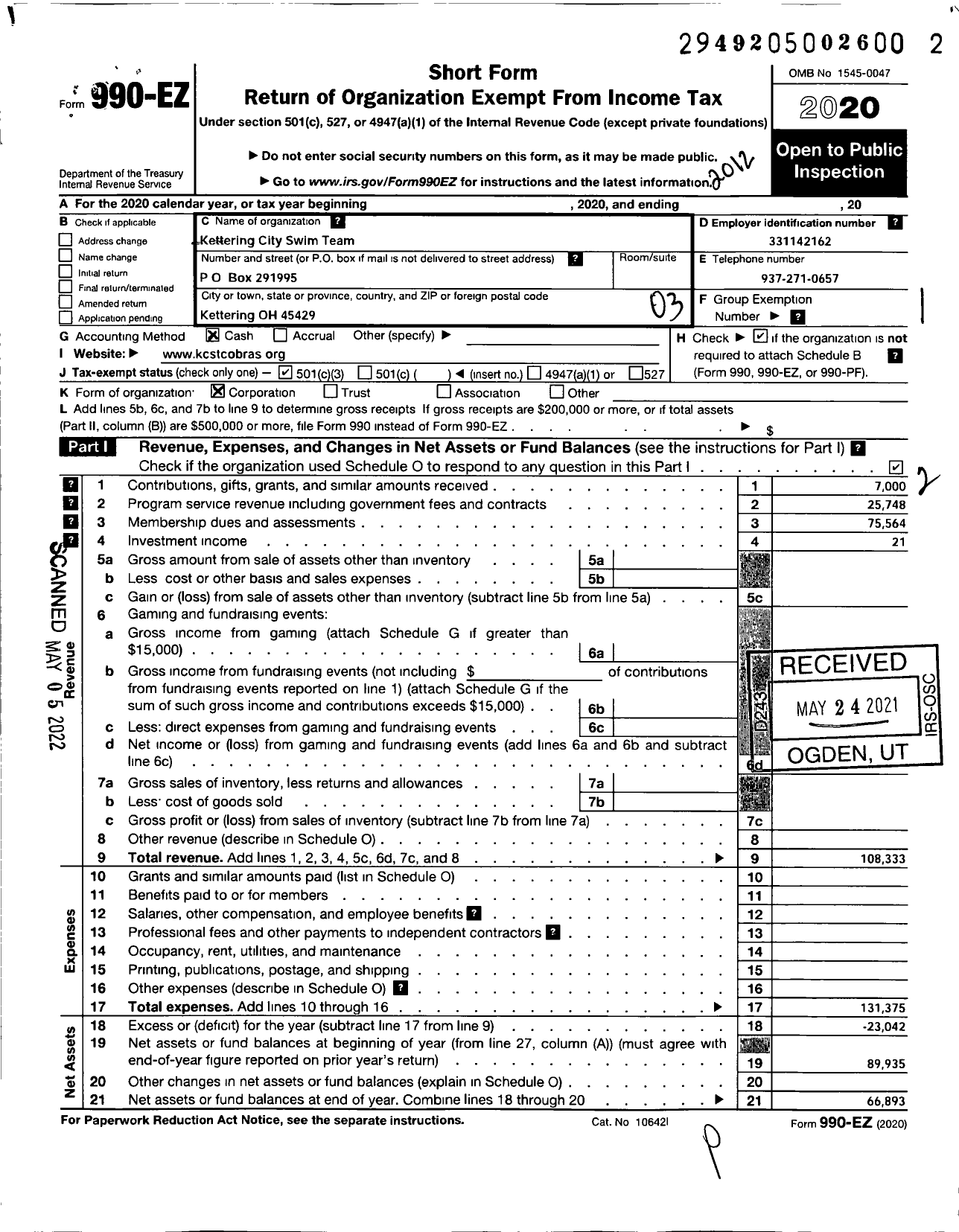 Image of first page of 2020 Form 990EZ for Tidal Wave Aquatics