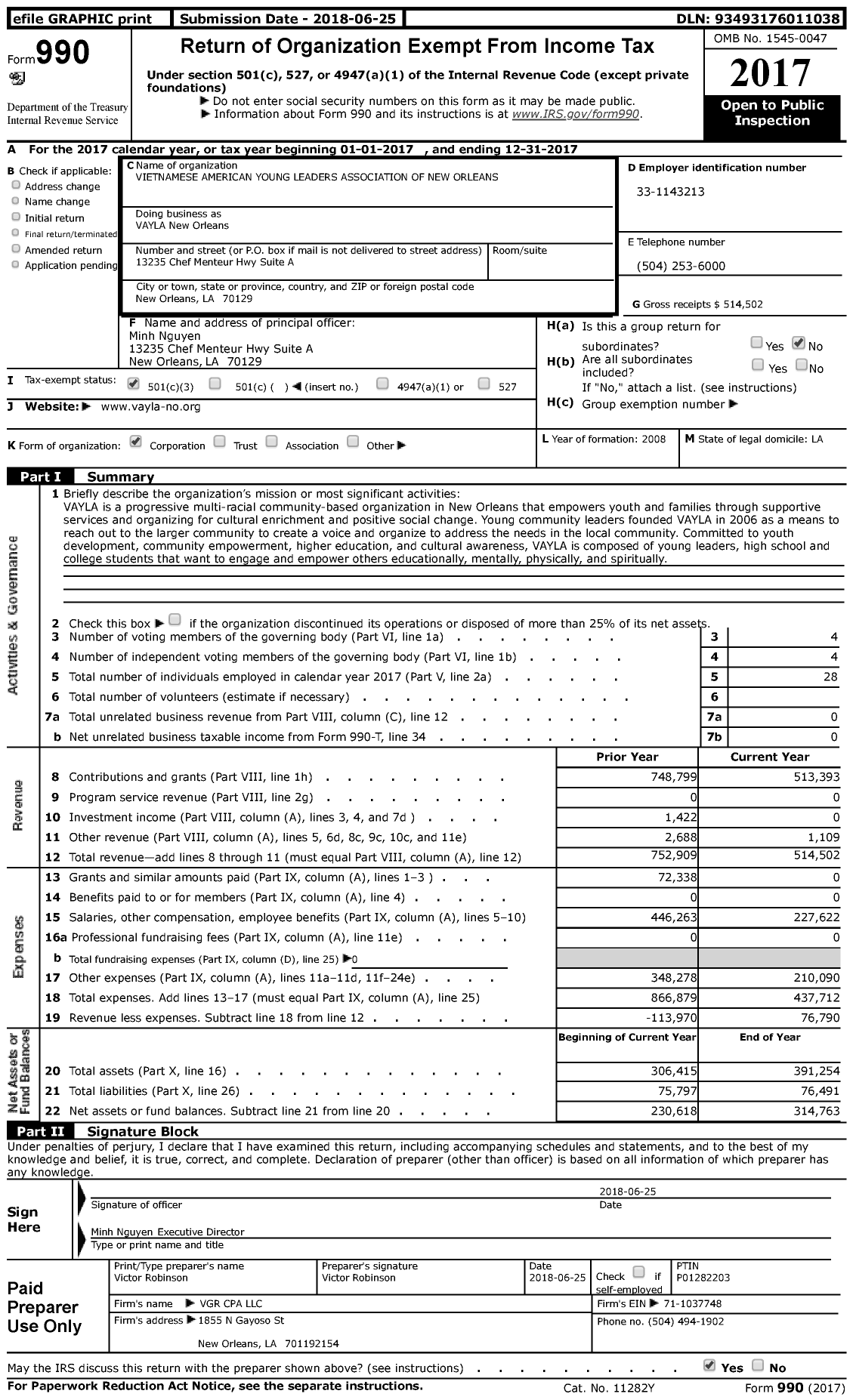 Image of first page of 2017 Form 990 for Vietnamese American Young Leaders Association of New Orleans