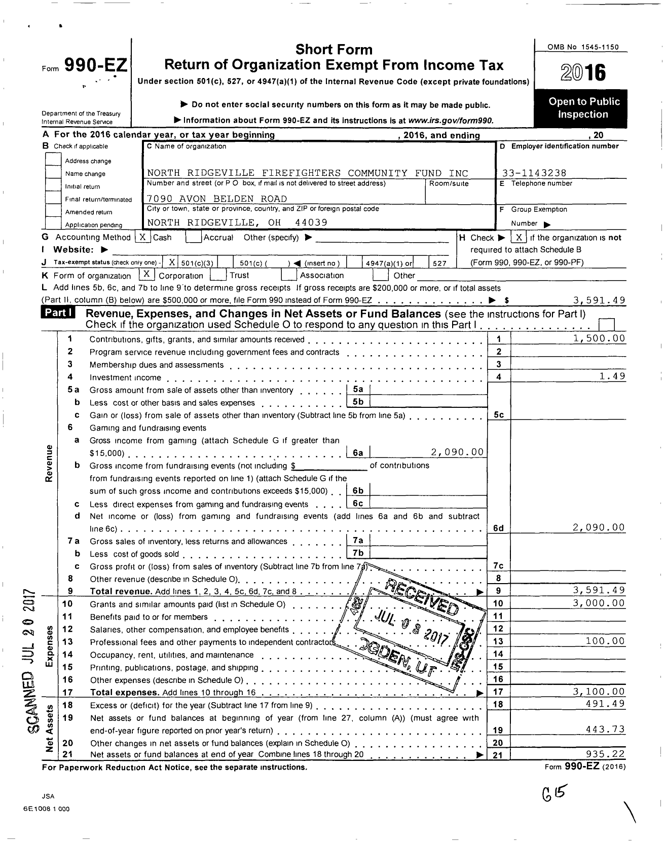 Image of first page of 2016 Form 990EZ for North Ridgeville Firefighters Community Fund