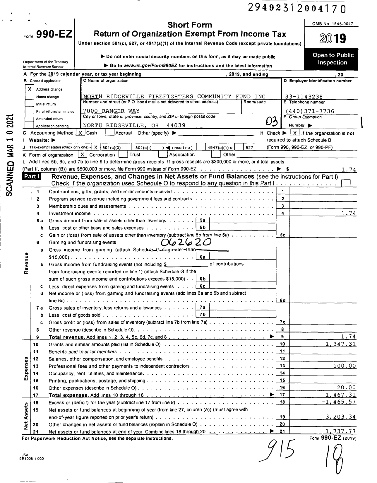 Image of first page of 2019 Form 990EZ for North Ridgeville Firefighters Community Fund